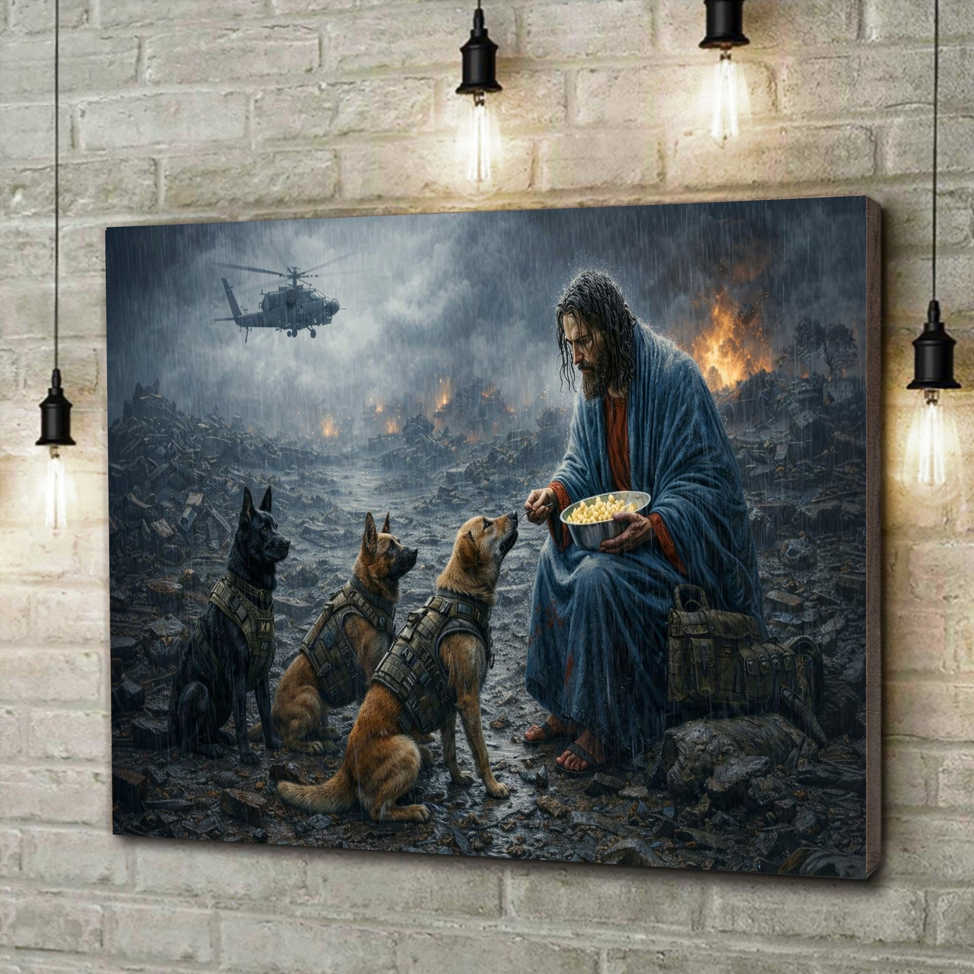Jesus with Military Dogs Canvas Wall Art Christian War Scene Print Religious Decor Gift for Veteran Soldier Dog Lover Home Office