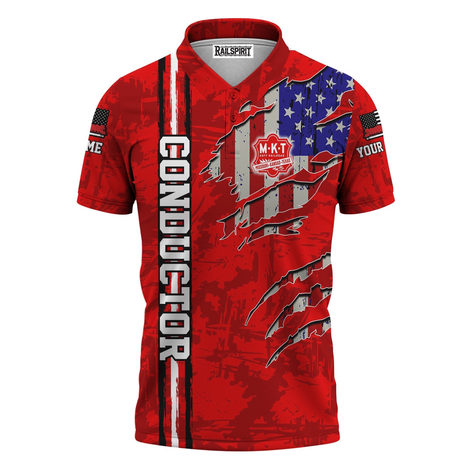 Railspirit Personalized Katy Railroad Polo Shirt USA Flag Claw Art with Custom Job Train Shirt