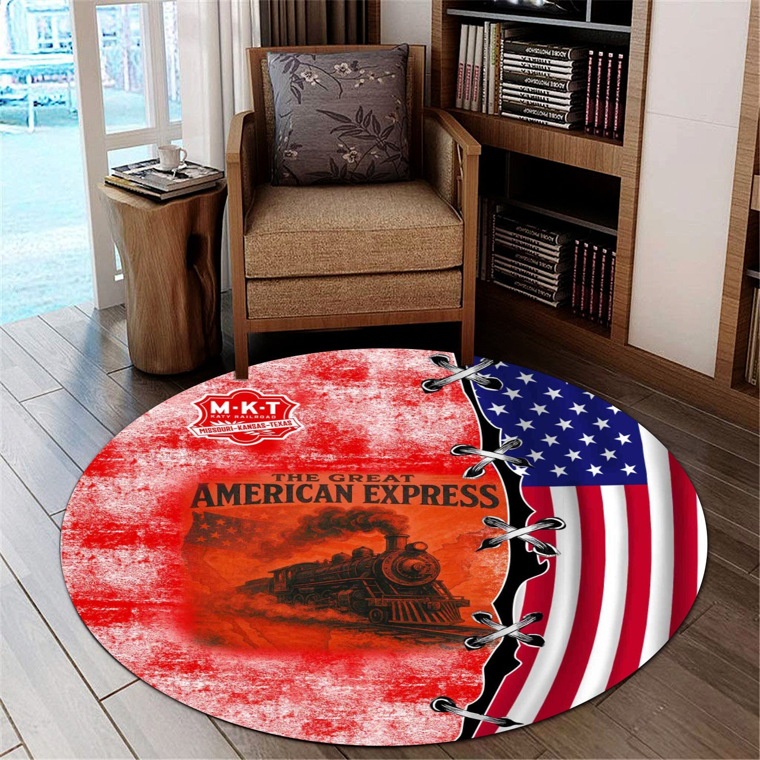 Railspirit Katy Railroad Round Mat Retro American Express Train With USA Flag Round Mat