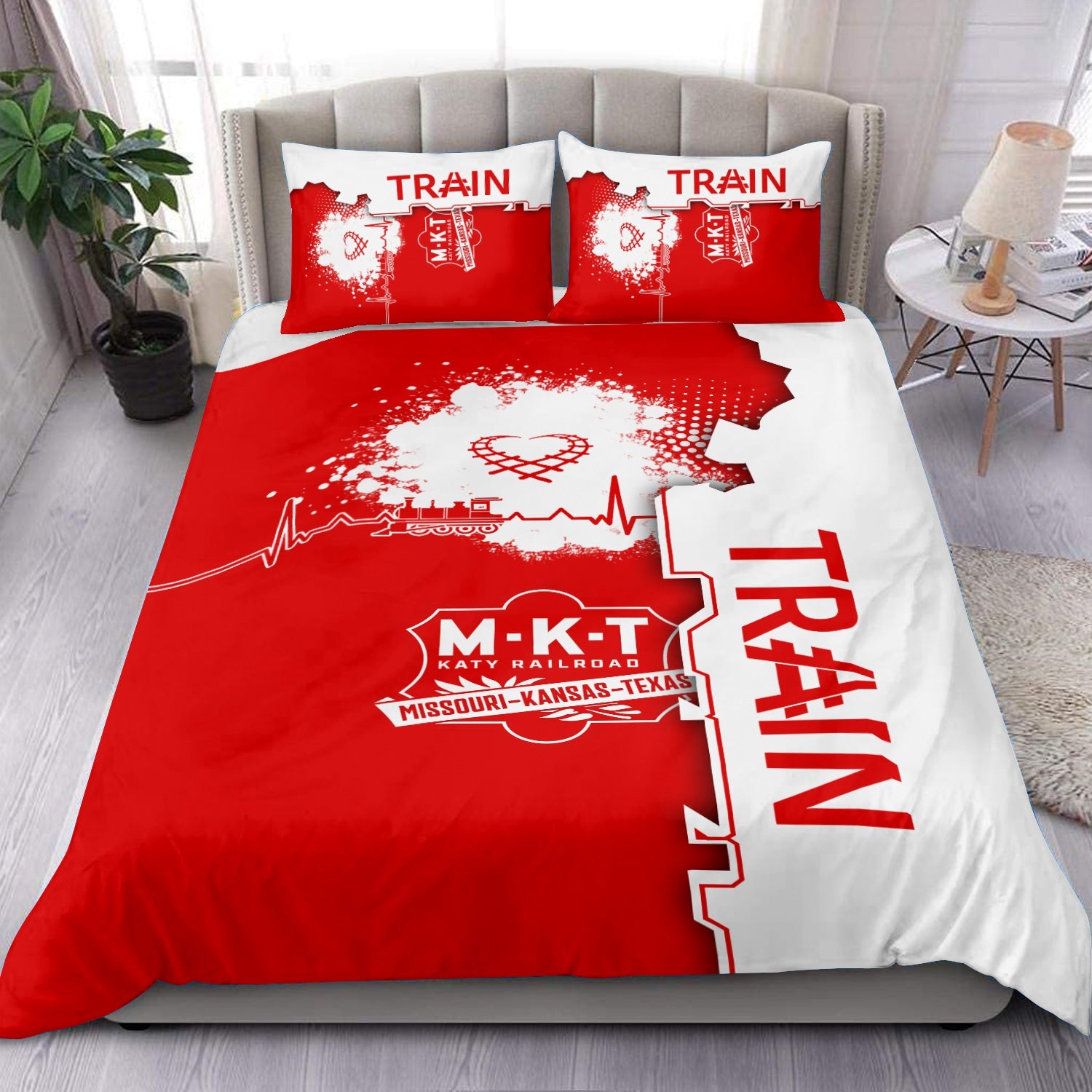 Railspirit Katy Railroad Bedding Set Engine Heartbeat and Track Love Style Bedding Set Gift Idea For Train Lovers
