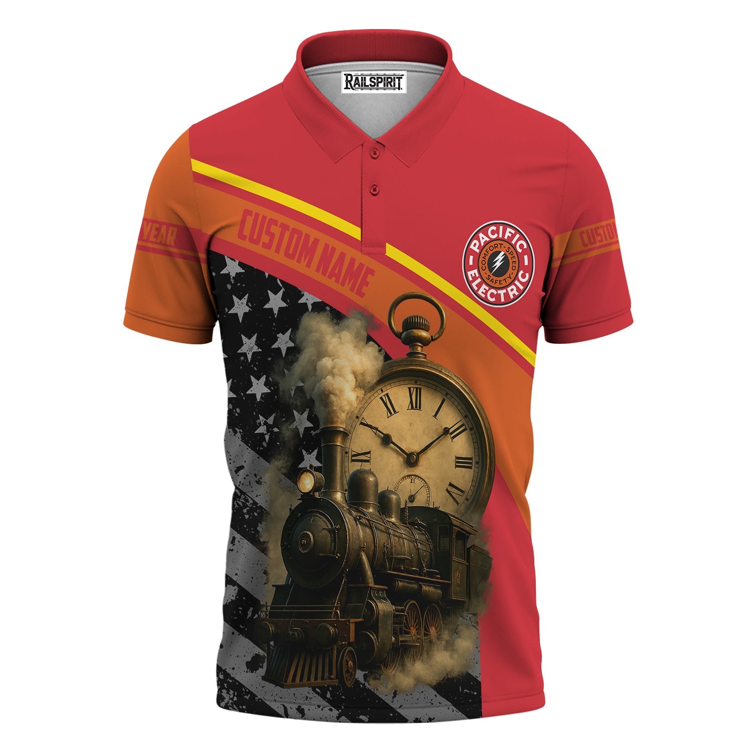 Railspirit Personalized Pacific Electric Railroad Polo Shirt Classic Steam Engine With Retro Pocket Watch Shirt All Over Print