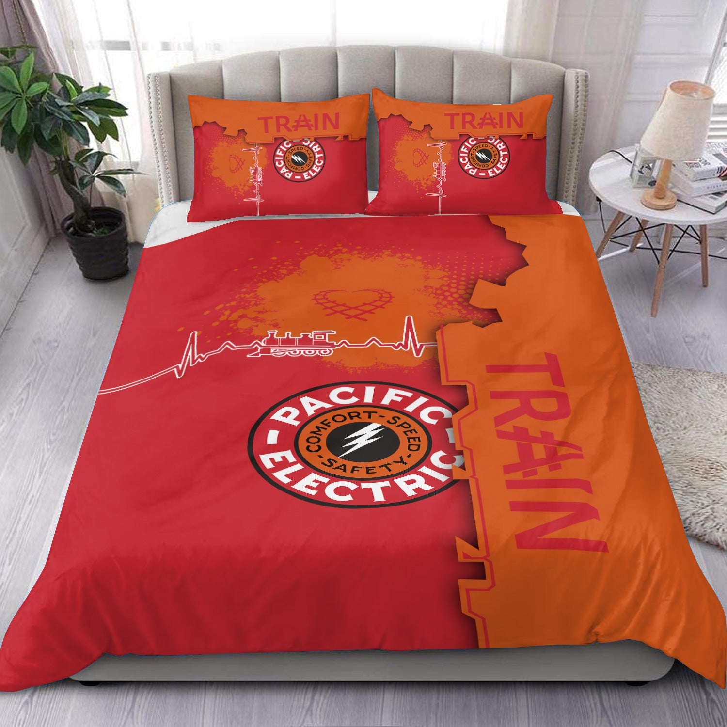 Railspirit Pacific Electric Railroad Bedding Set Engine Heartbeat and Track Love Style Bedding Set Gift Idea For Train Lovers