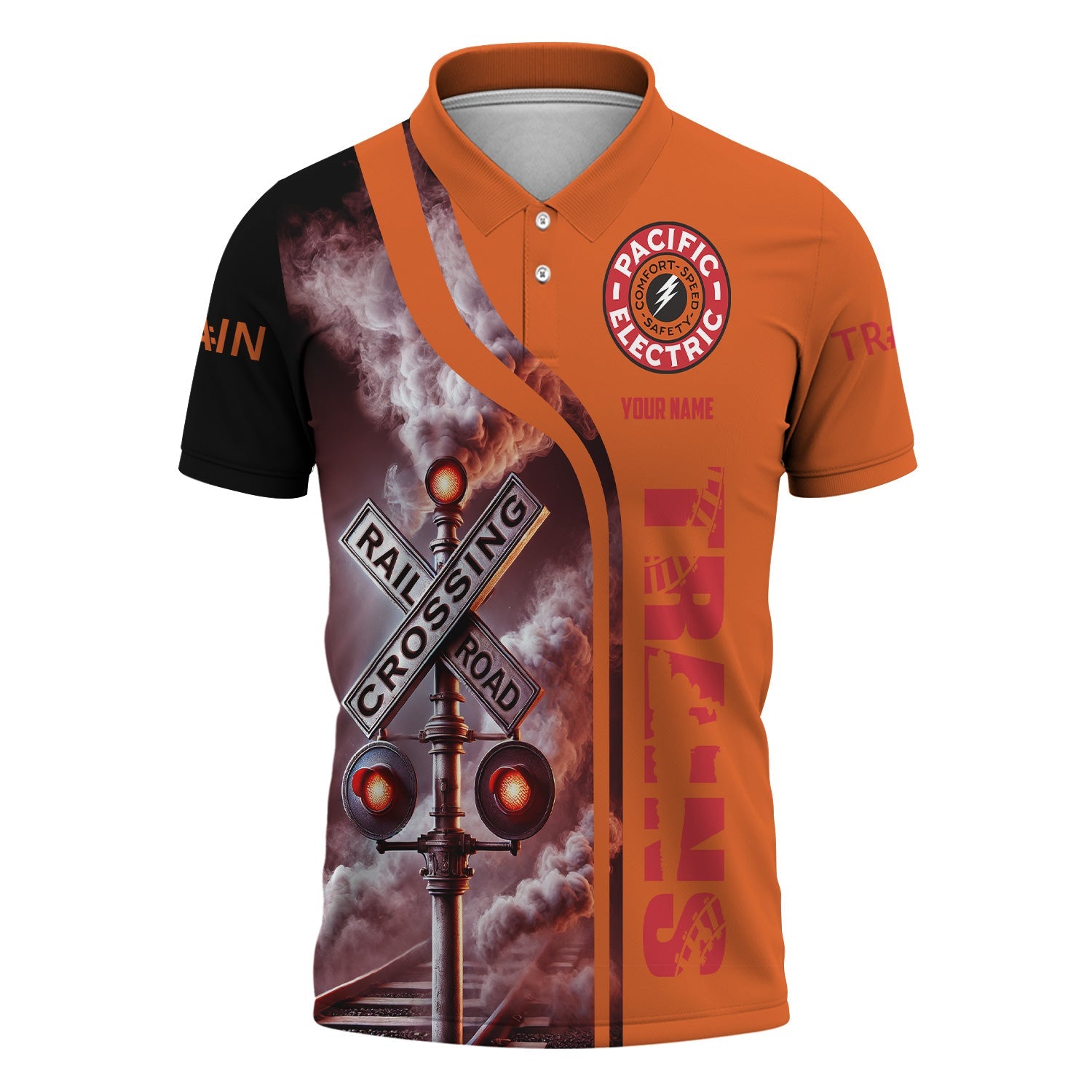 Railspirit Personalized Pacific Electric Railroad Polo Shirt Crossing Railroad Sign American Locomotive Train Shirt All Over Print