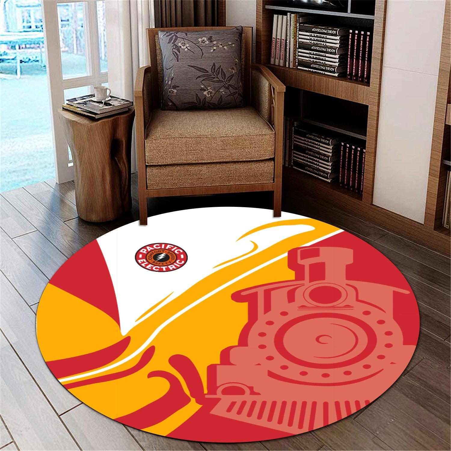 Railspirit Pacific Electric Railroad Round Mat Flame-Inspired Style Mat Gift Idea For Train Lovers