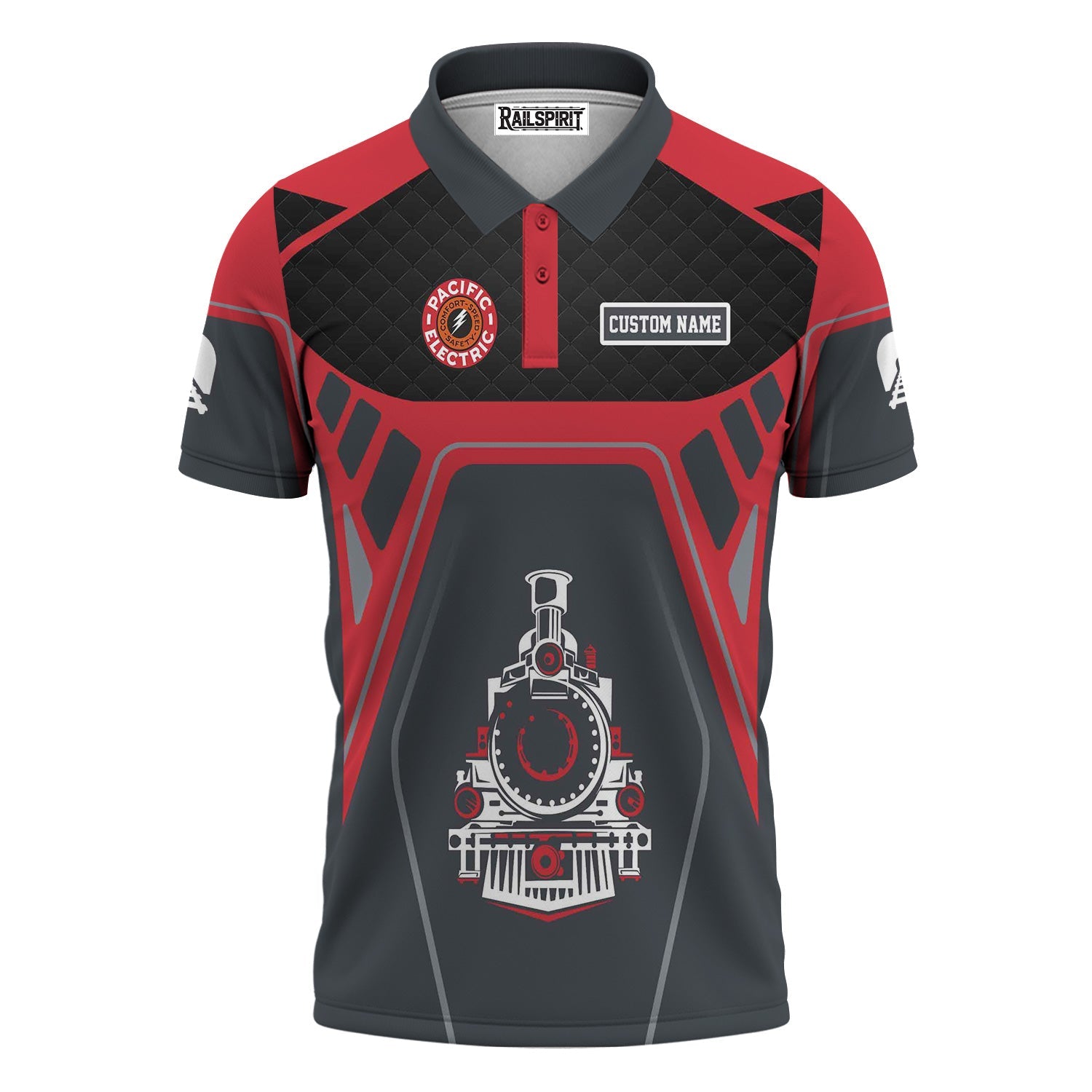 Railspirit Personalized Pacific Electric Railroad Polo Shirt Steam Locomotive Engine Graphic Train Shirt All Over Print