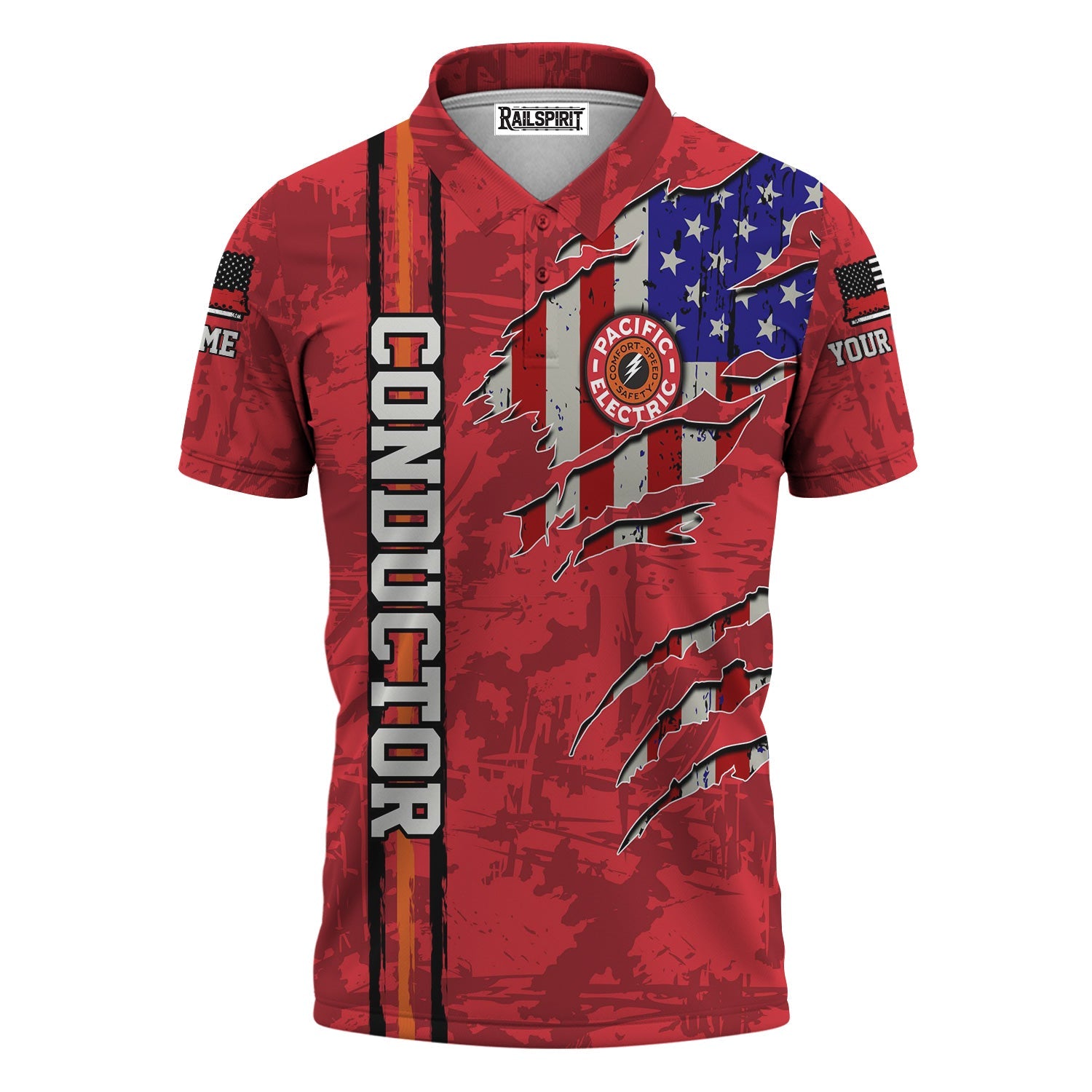 Railspirit Personalized Pacific Electric Railroad Polo Shirt USA Flag Claw Art with Custom Job Train Shirt