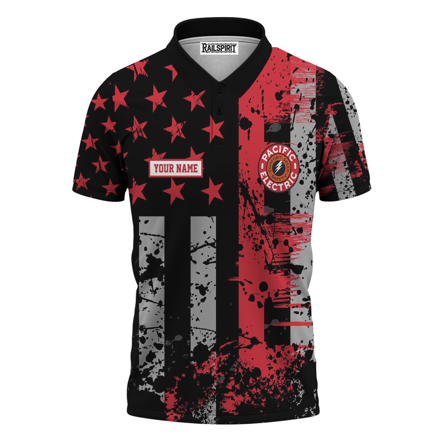 Railspirit Personalized Pacific Electric Railroad Polo Shirt Artistic Paint American Flag Style Train Shirt
