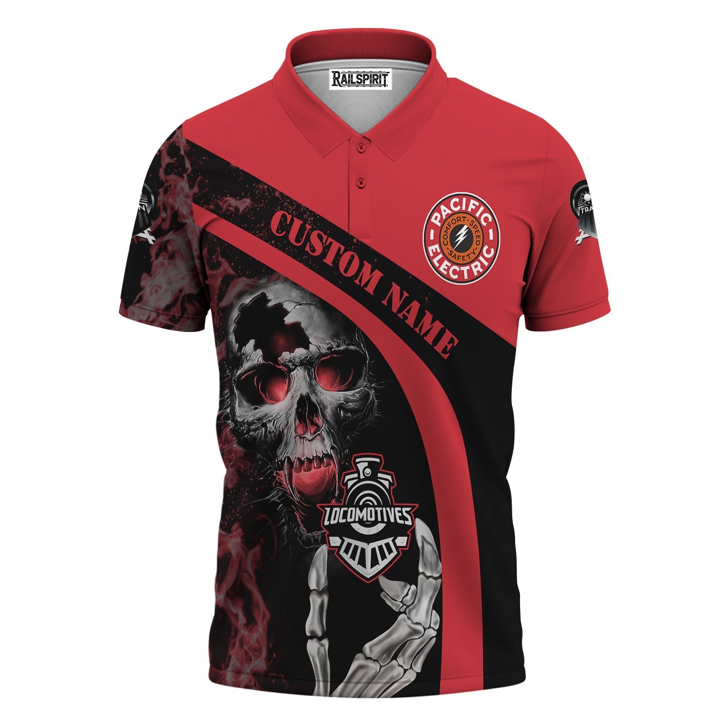 Railspirit Personalized Pacific Electric Railroad Polo Shirt Flame Skull Design Train Shirt for Locomotive Fans