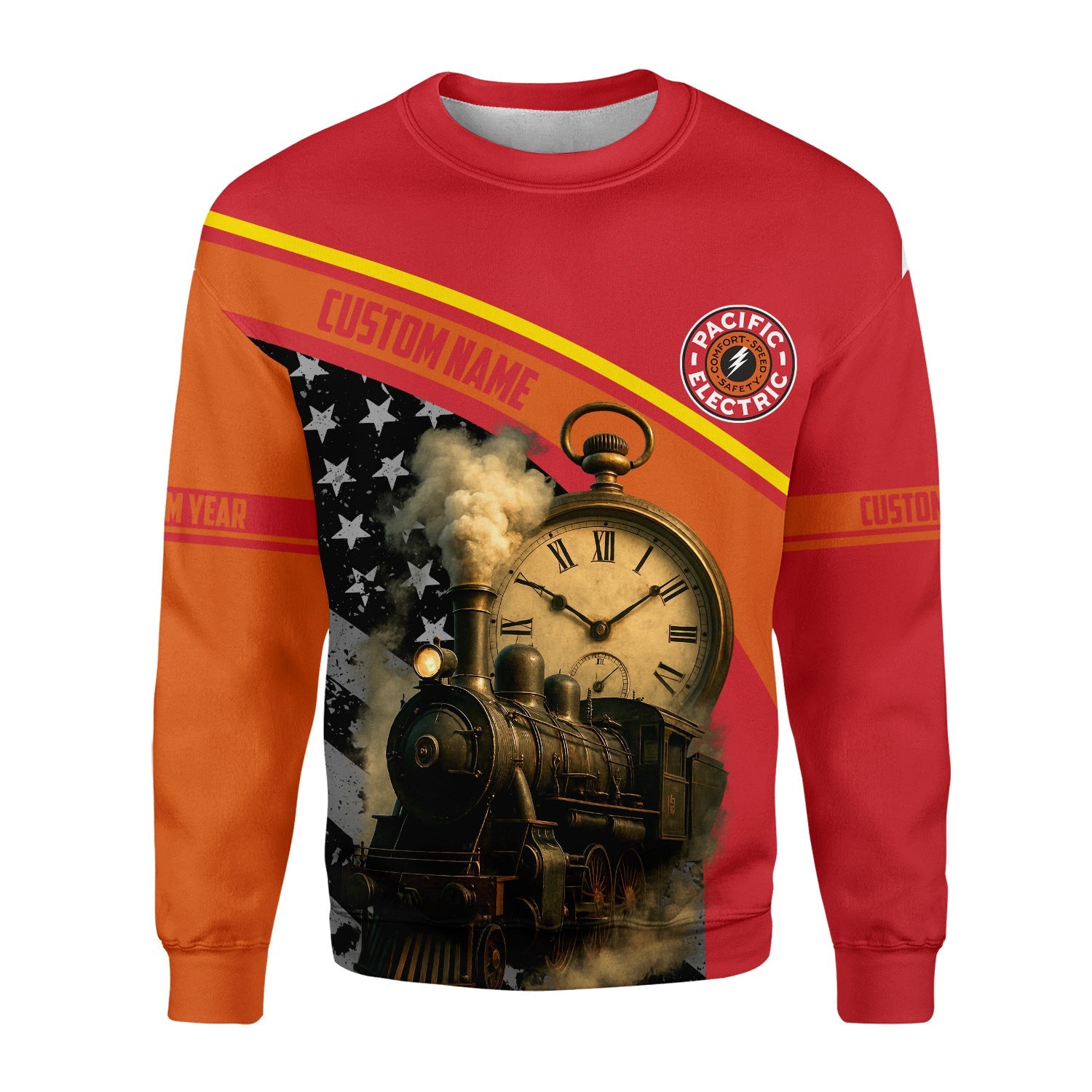 Railspirit Personalized Pacific Electric Railroad Sweatshirt Classic Steam Engine With Retro Pocket Watch Shirt All Over Print