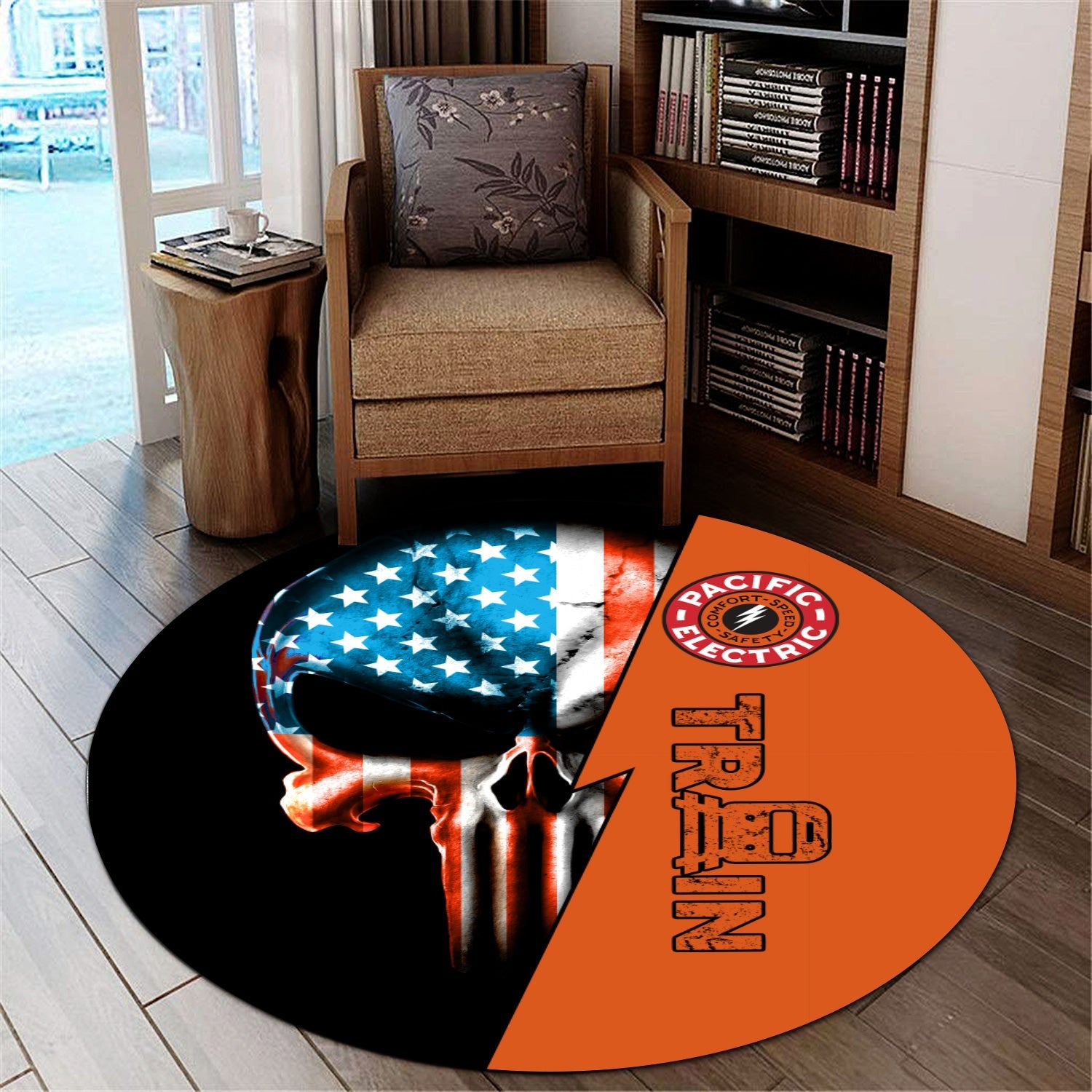 Railspirit Pacific Electric Railroad Round Mat Train Skull American Flag Style Rug All Over Print