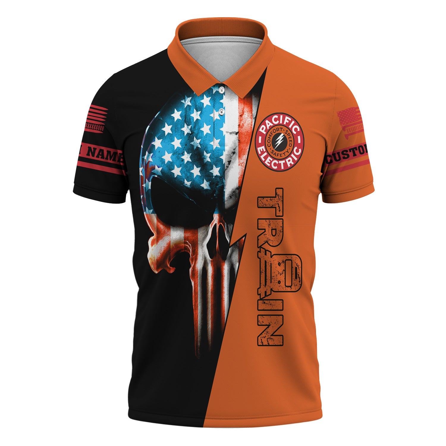 Railspirit Personalized Pacific Electric Railroad Polo Shirt Train Skull American Flag Shirt All Over Print