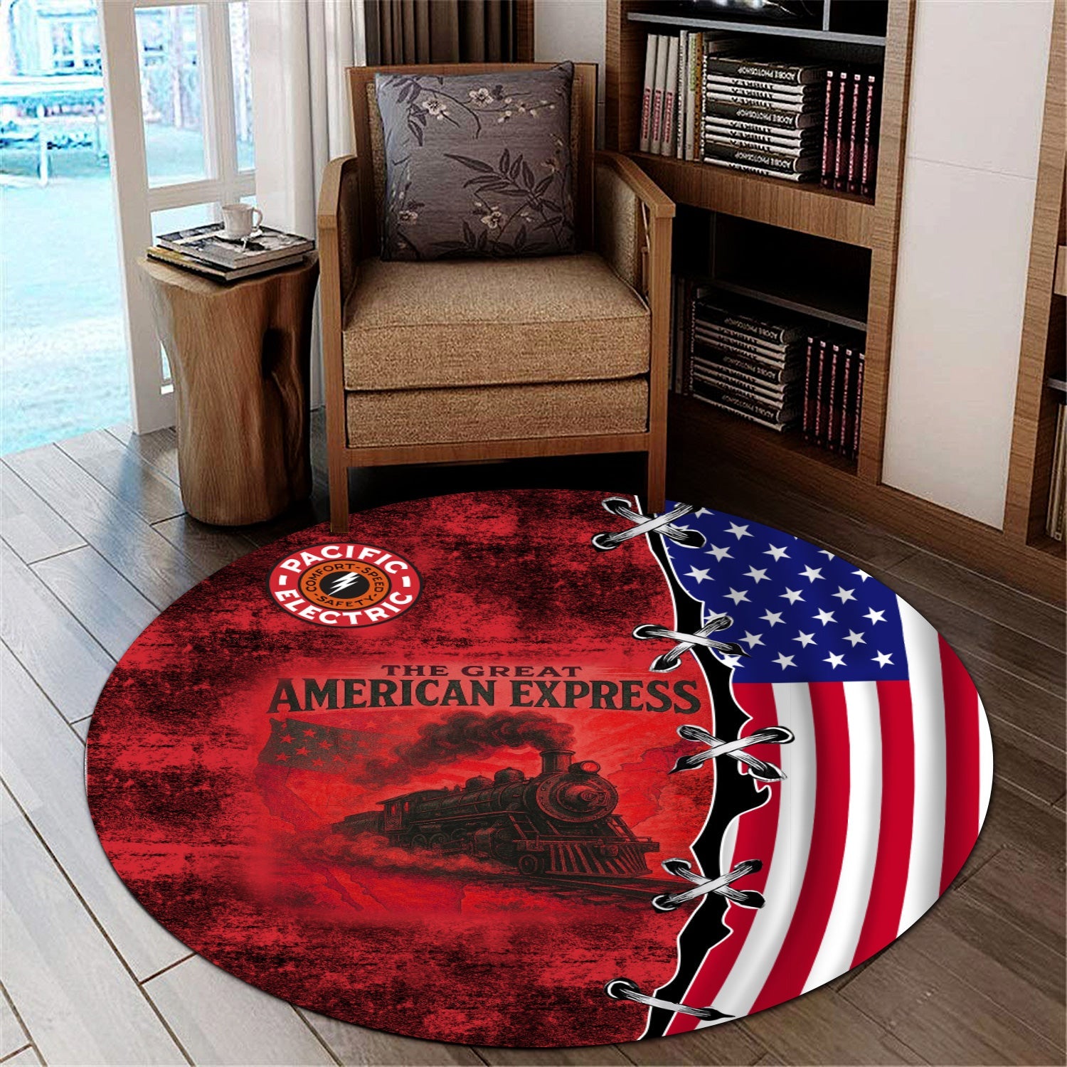 Railspirit Pacific Electric Railroad Round Mat Retro American Express Train With USA Flag Round Mat