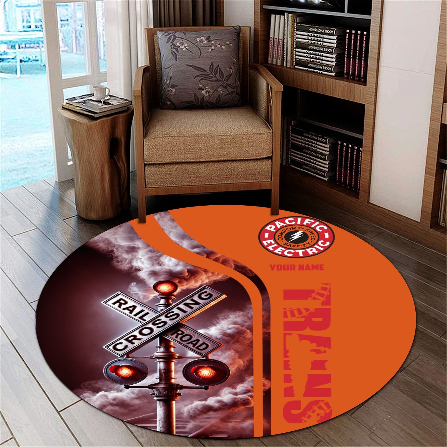 Railspirit Personalized Pacific Electric Railroad Round Mat Railroad Crossing Sign Mat All Over Print