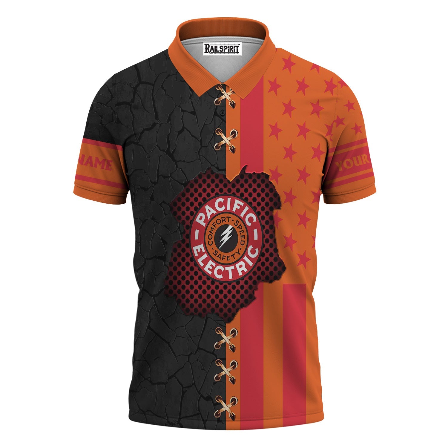 Railspirit Personalized Pacific Electric Railroad Polo Shirt American Flag with Crack Effect Train Shirt