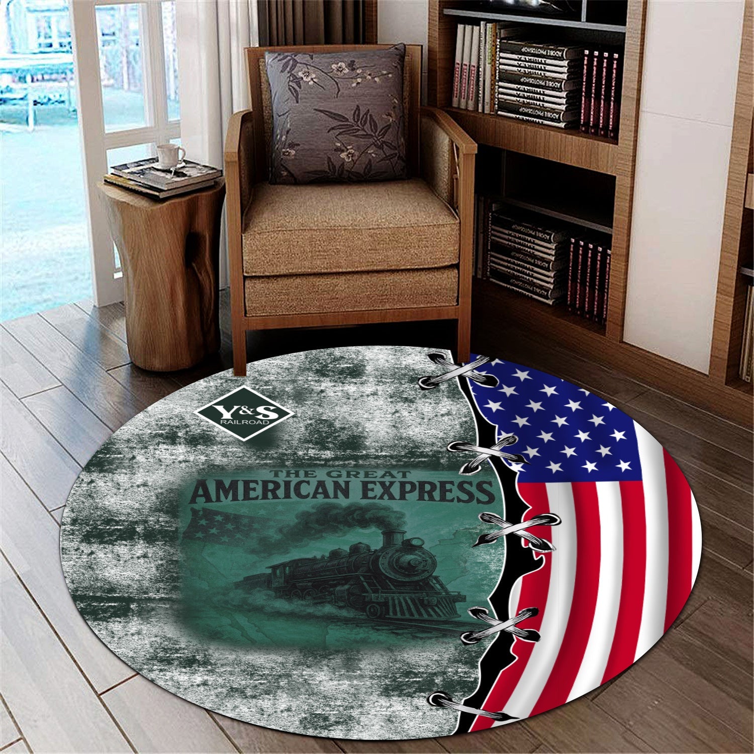 Railspirit Youngstown & Southern Railroad Round Mat Retro American Express Train With USA Flag Round Mat