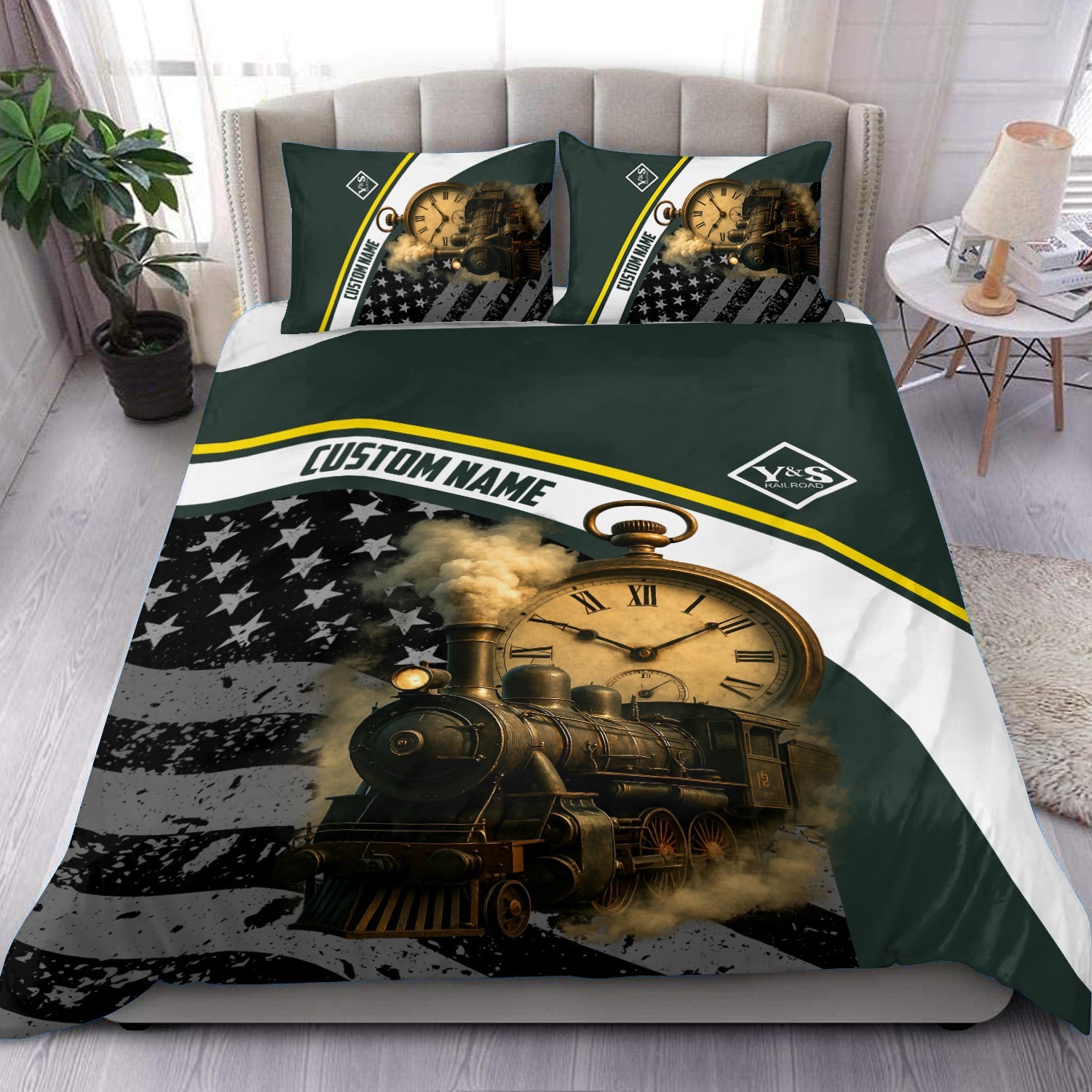 Railspirit Personalized Youngstown & Southern Railroad Bedding Set Classic Steam Engine With Retro Pocket Watch Bedding Set All Over Print