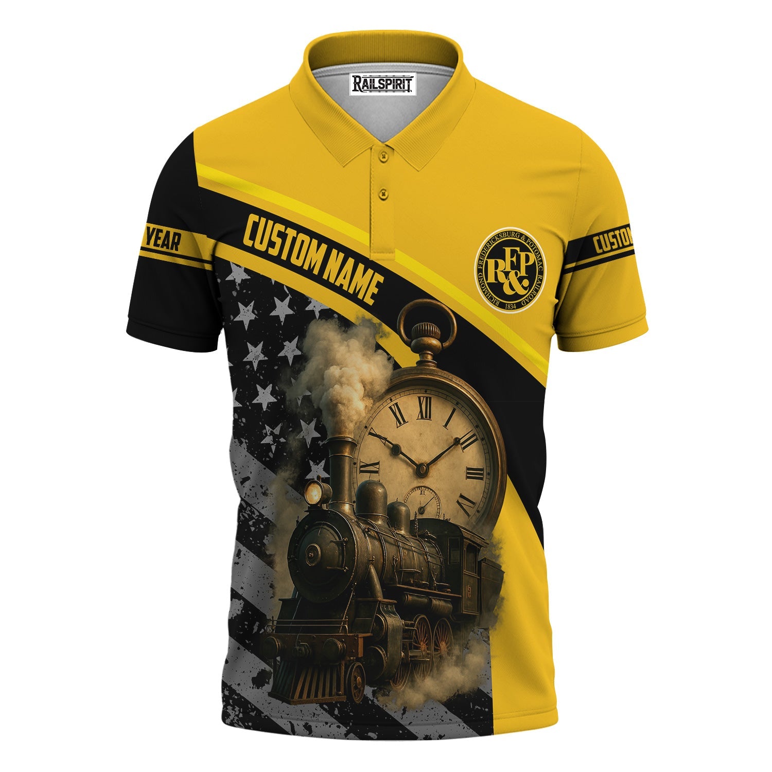 Railspirit Personalized Richmond, Fredericksburg And Potomac Railroad Polo Shirt Classic Steam Engine With Retro Pocket Watch Shirt All Over Print