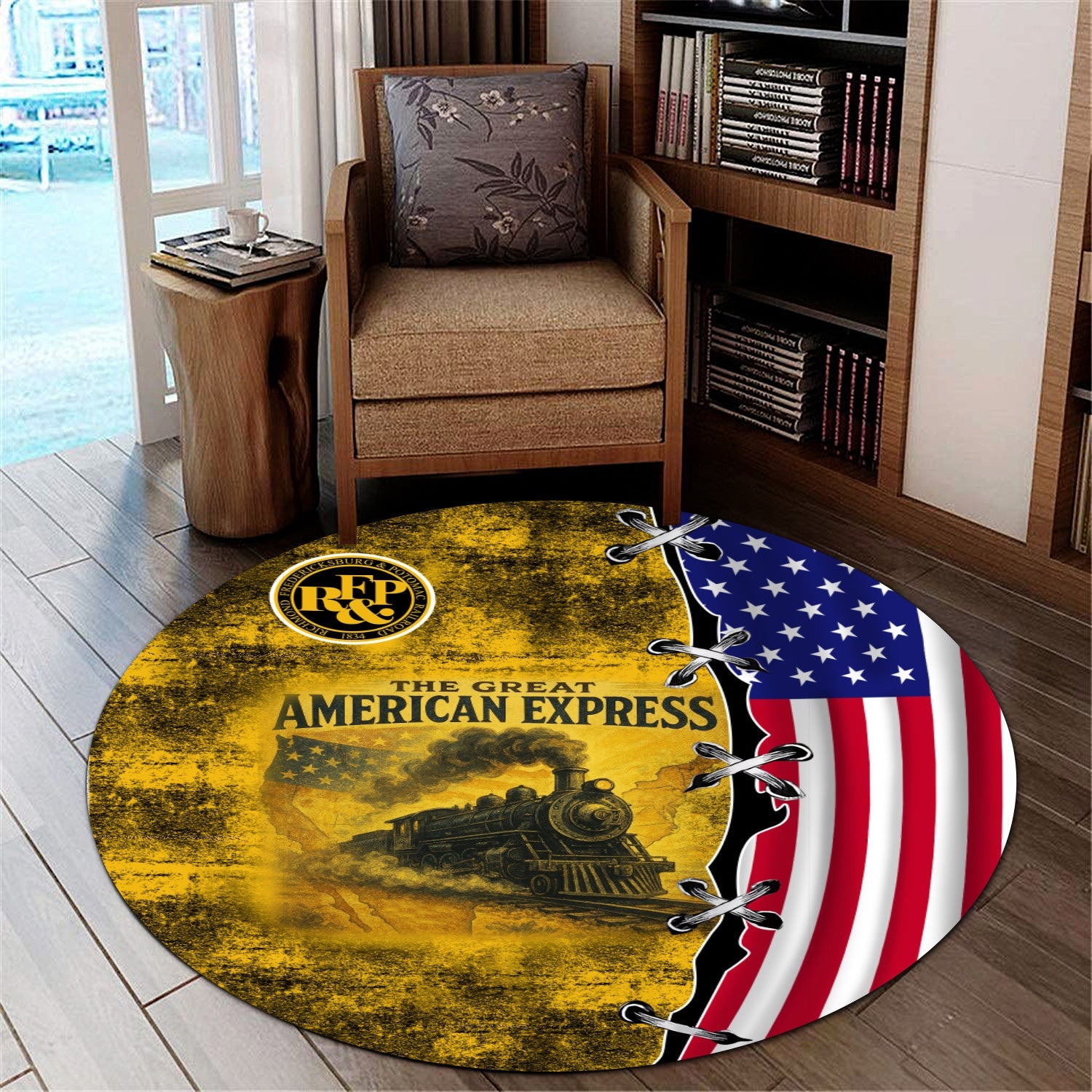 Railspirit Richmond, Fredericksburg And Potomac Railroad Round Mat Retro American Express Train With USA Flag Round Mat