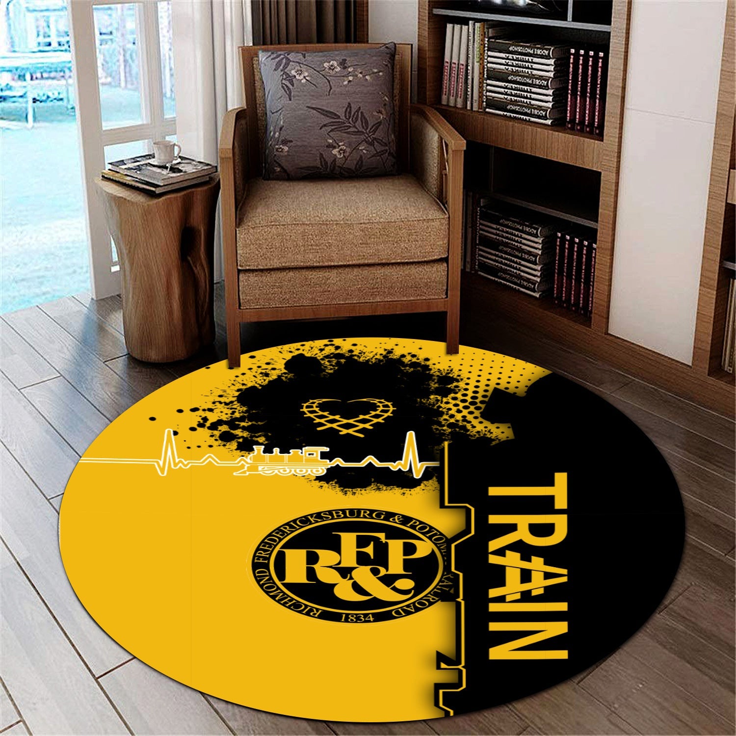 Railspirit Richmond, Fredericksburg And Potomac Railroad Round Mat Engine Heartbeat and Track Love Style Mat Gift Idea For Train Lovers