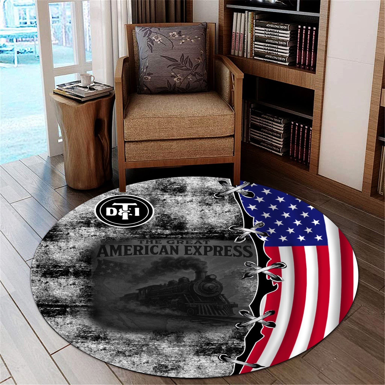 Railspirit Detroit Toledo And Ironton Railroad Round Mat Retro American Express Train With USA Flag Round Mat