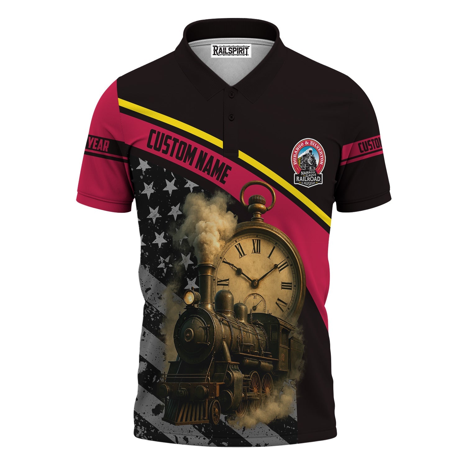Railspirit Personalized Durango And Silverton Narrow Gauge Railroad Polo Shirt Classic Steam Engine With Retro Pocket Watch Shirt All Over Print