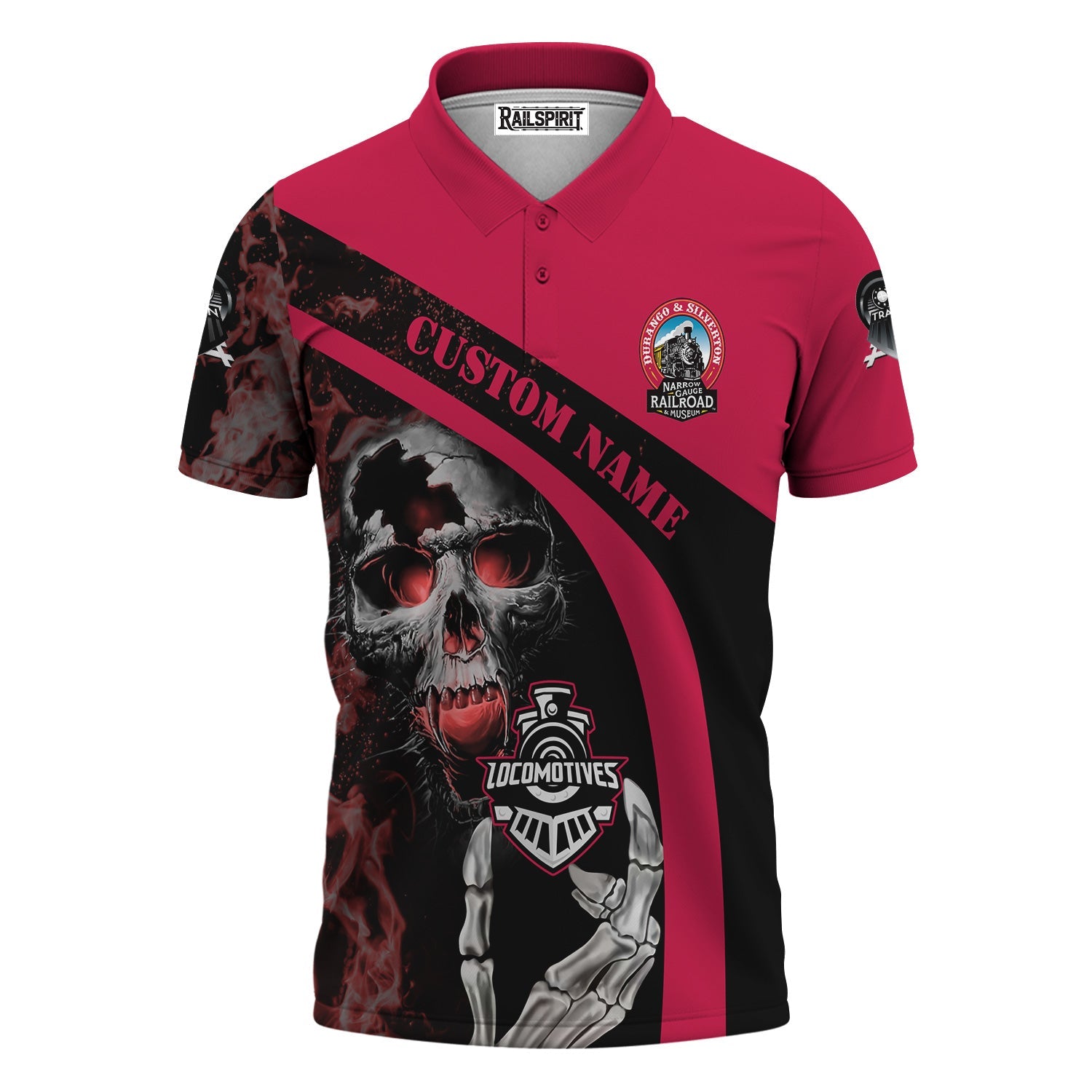 Railspirit Personalized Durango And Silverton Narrow Gauge Railroad Polo Shirt Flame Skull Design Train Shirt for Locomotive Fans