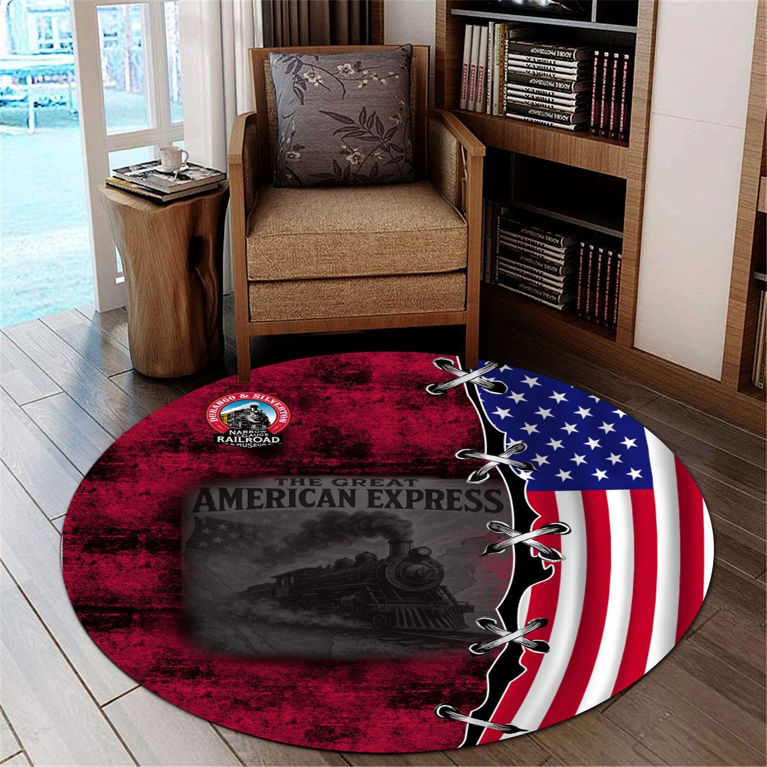 Railspirit Durango And Silverton Narrow Gauge Railroad Round Mat Retro American Express Train With USA Flag Round Mat