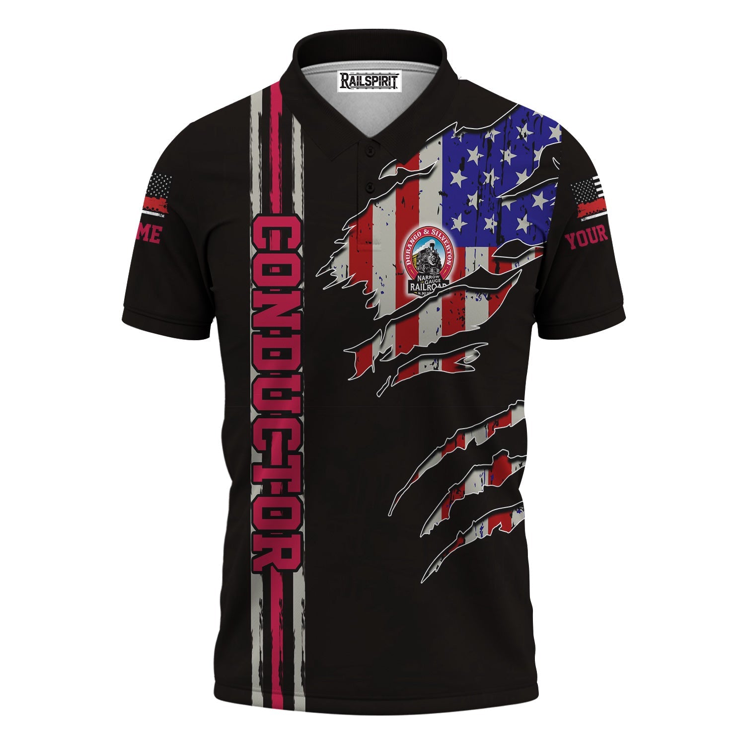 Railspirit Personalized Durango And Silverton Narrow Gauge Railroad Polo Shirt USA Flag Claw Art with Custom Job Train Shirt