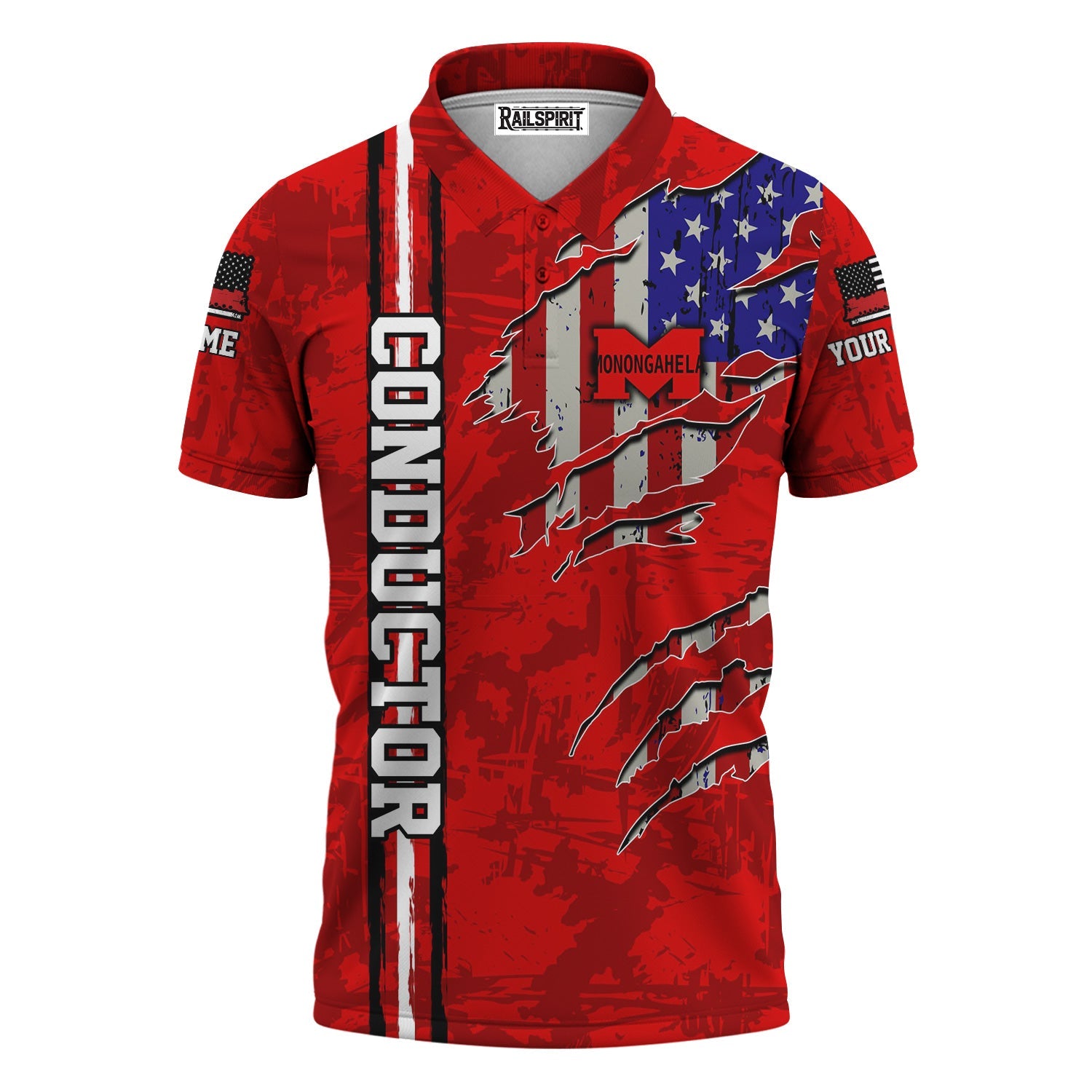 Railspirit Personalized Monongahela Railroad Polo Shirt USA Flag Claw Art with Custom Job Train Shirt