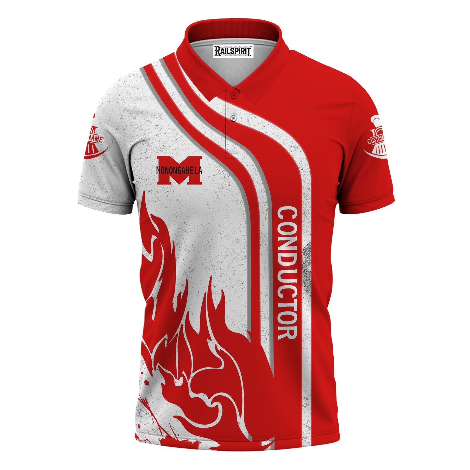 Railspirit Personalized Monongahela Railroad Polo Shirt Flame Design with Custom Job Position Train Shirt