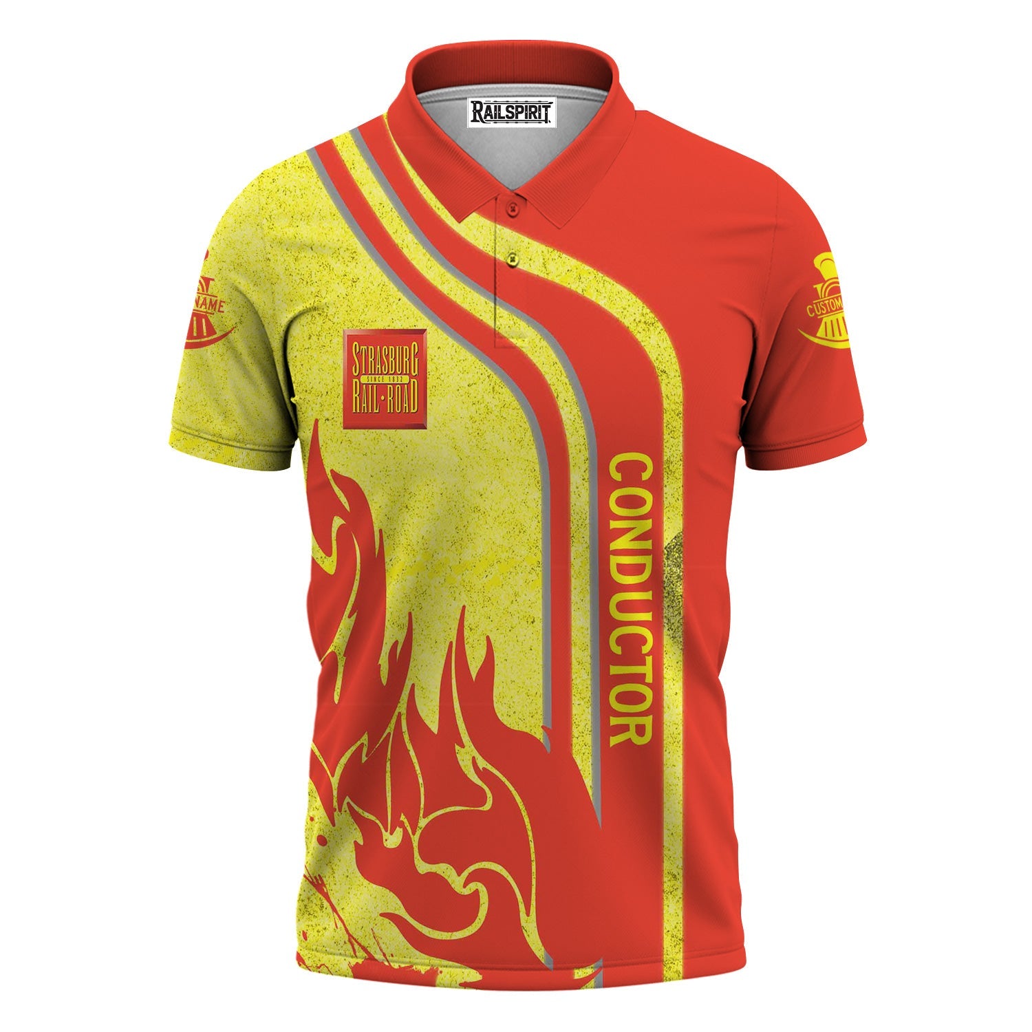 Railspirit Personalized Strasburg Railroad Polo Shirt Flame Design with Custom Job Position Train Shirt