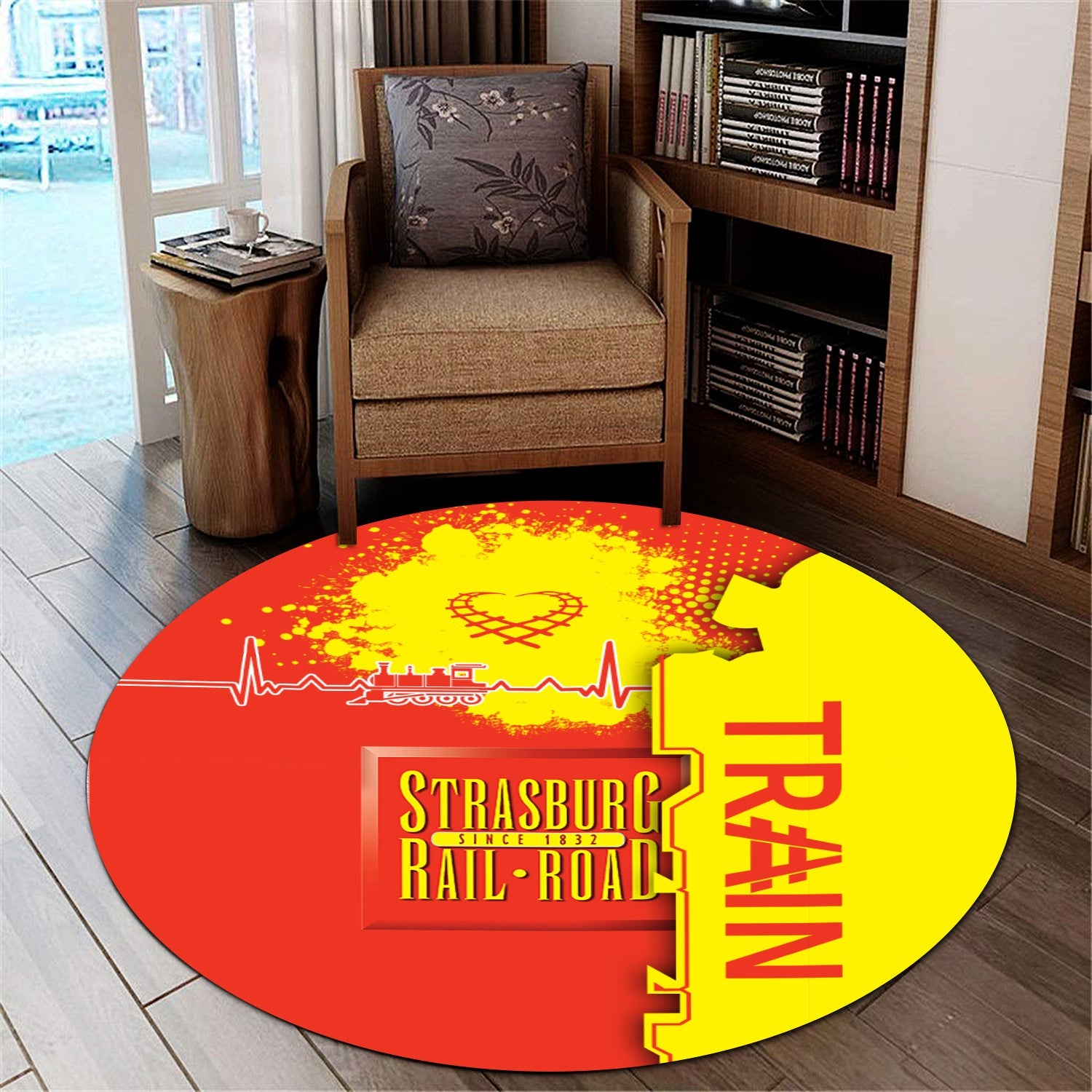 Railspirit Strasburg Railroad Round Mat Engine Heartbeat and Track Love Style Mat Gift Idea For Train Lovers