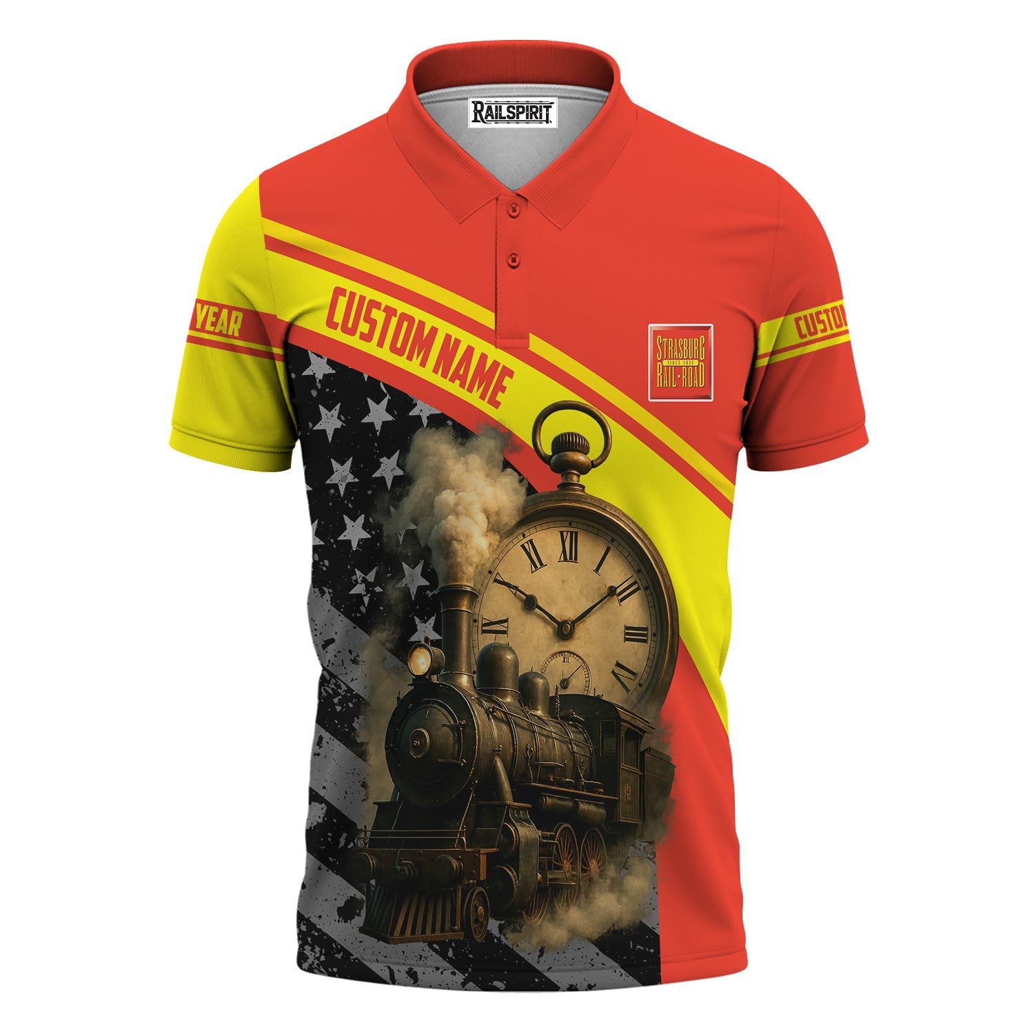 Railspirit Personalized Strasburg Railroad Polo Shirt Classic Steam Engine With Retro Pocket Watch Shirt All Over Print