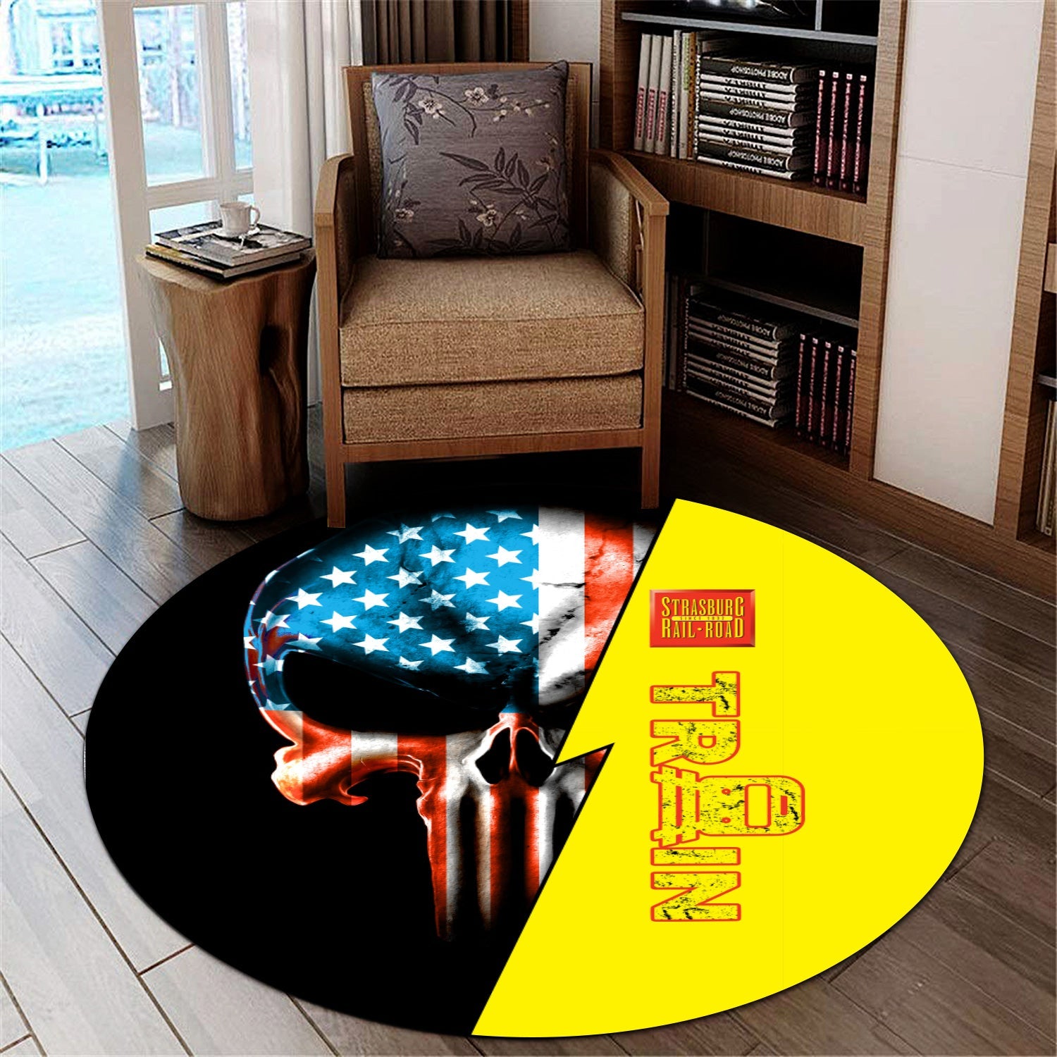 Railspirit Strasburg Railroad Round Mat Train Skull American Flag Style Rug All Over Print