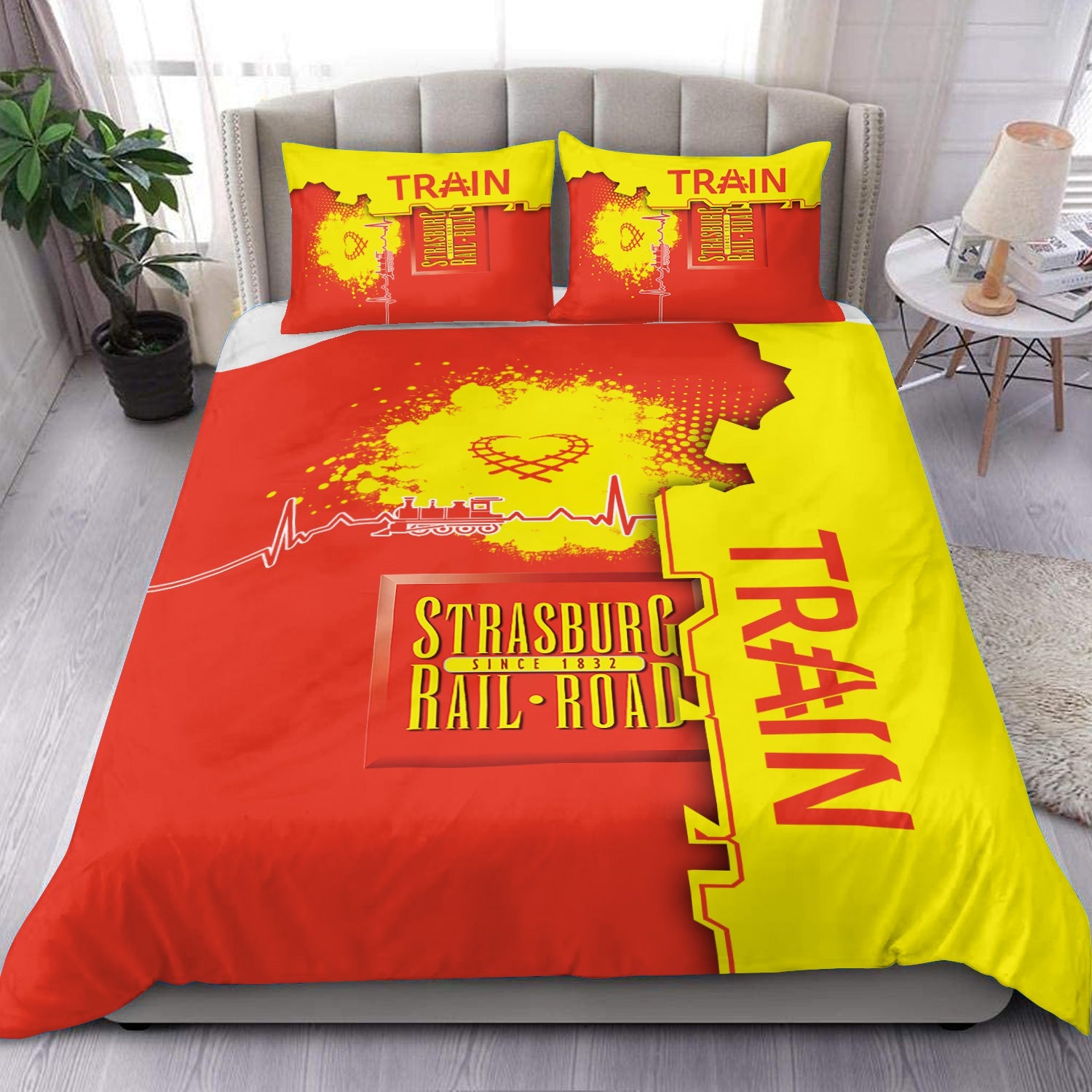 Railspirit Strasburg Railroad Bedding Set Engine Heartbeat and Track Love Style Bedding Set Gift Idea For Train Lovers