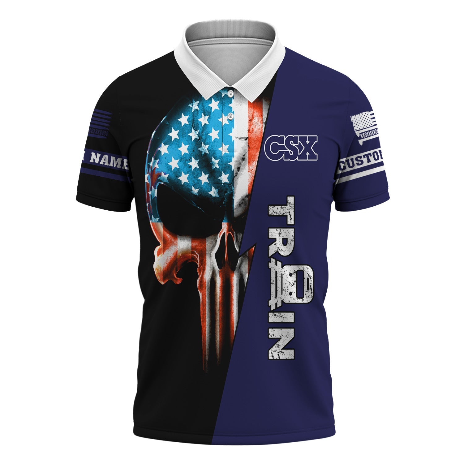 Railspirit Personalized CSX Transportation Railroad Polo Shirt Train Skull American Flag Shirt All Over Print
