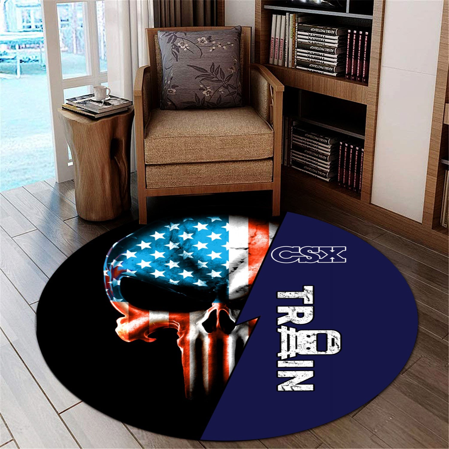 Railspirit CSX Transportation Railroad Round Mat Train Skull American Flag Style Rug All Over Print