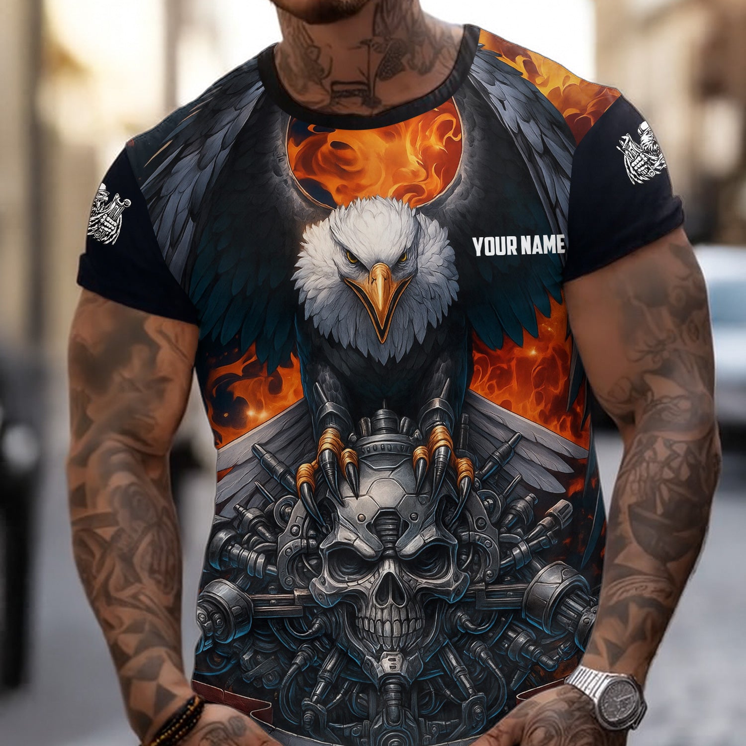 Custom Name Funny Eagle Mechanic Skull Unisex Black T Shirt