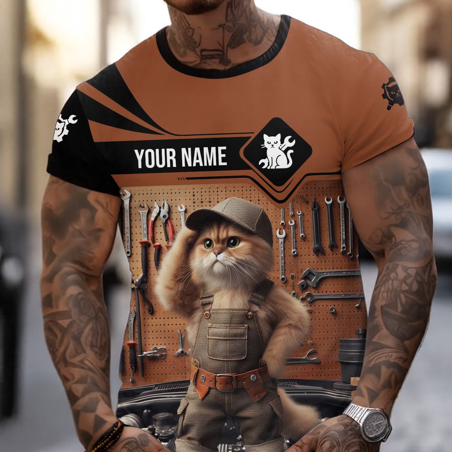 Custom Name Funny Mechanic Cat Wearing Uniform Shirt All Over Printed Mechanic T Shirt