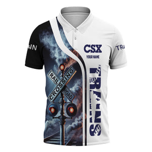 Railspirit Personalized CSX Transportation Railroad Polo Shirt Crossing Railroad Sign American Locomotive Train Shirt All Over Print