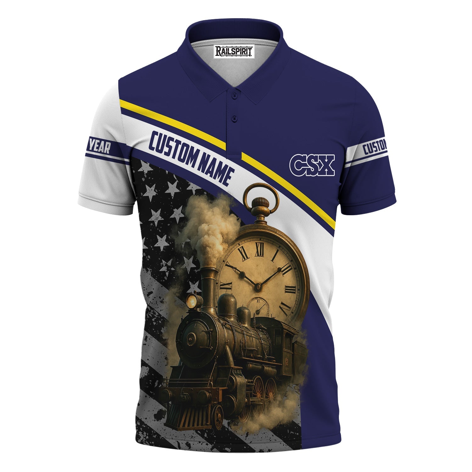 Railspirit Personalized CSX Transportation Railroad Polo Shirt Classic Steam Engine With Retro Pocket Watch Shirt All Over Print