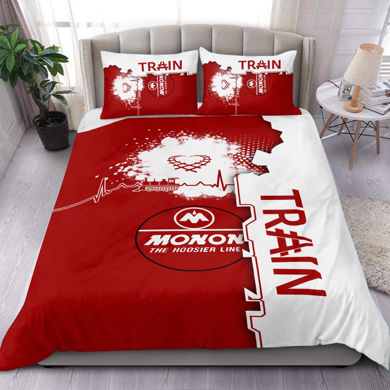 Railspirit Monon Railroad Bedding Set Engine Heartbeat and Track Love Style Bedding Set Gift Idea For Train Lovers