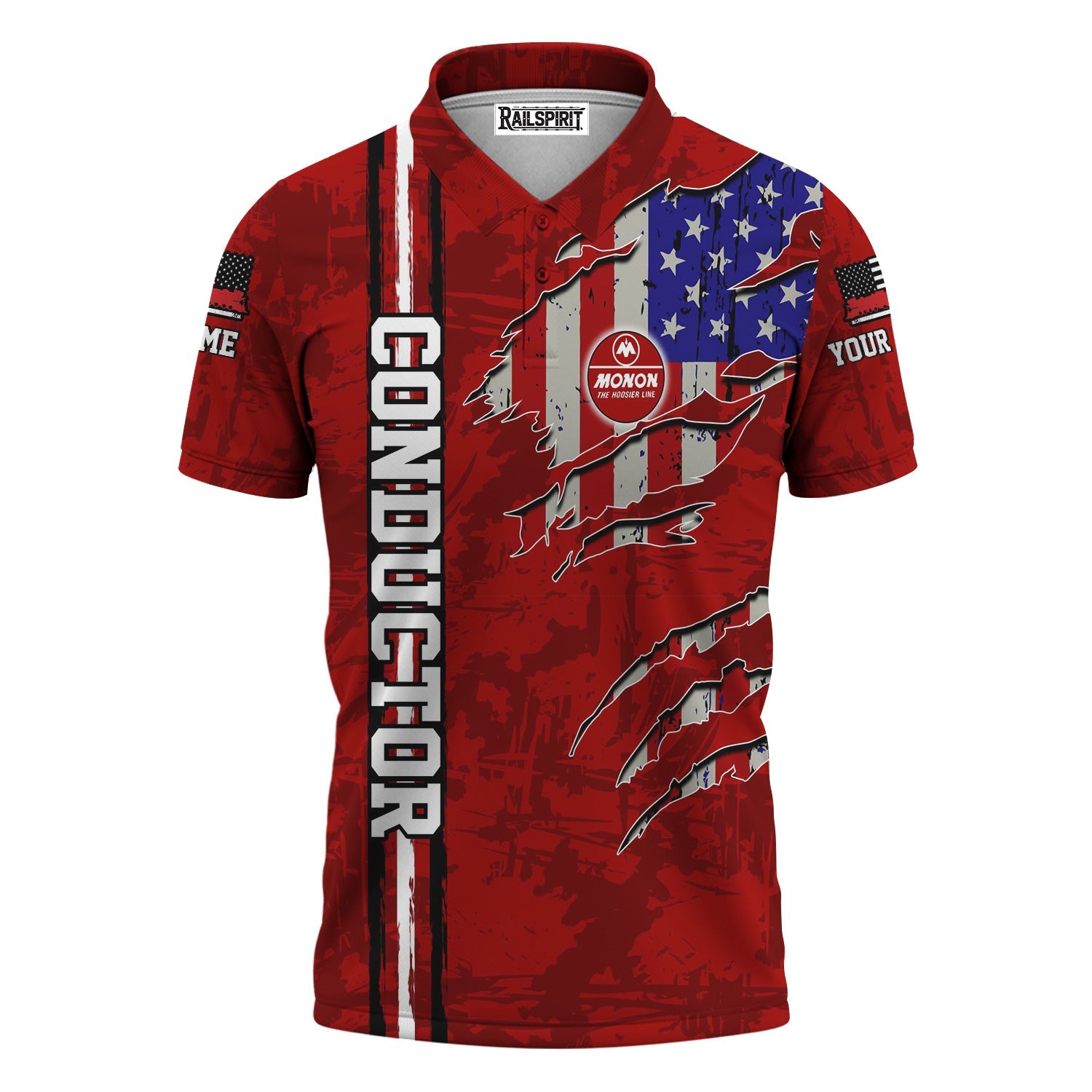 Railspirit Personalized Monon Railroad Polo Shirt USA Flag Claw Art with Custom Job Train Shirt