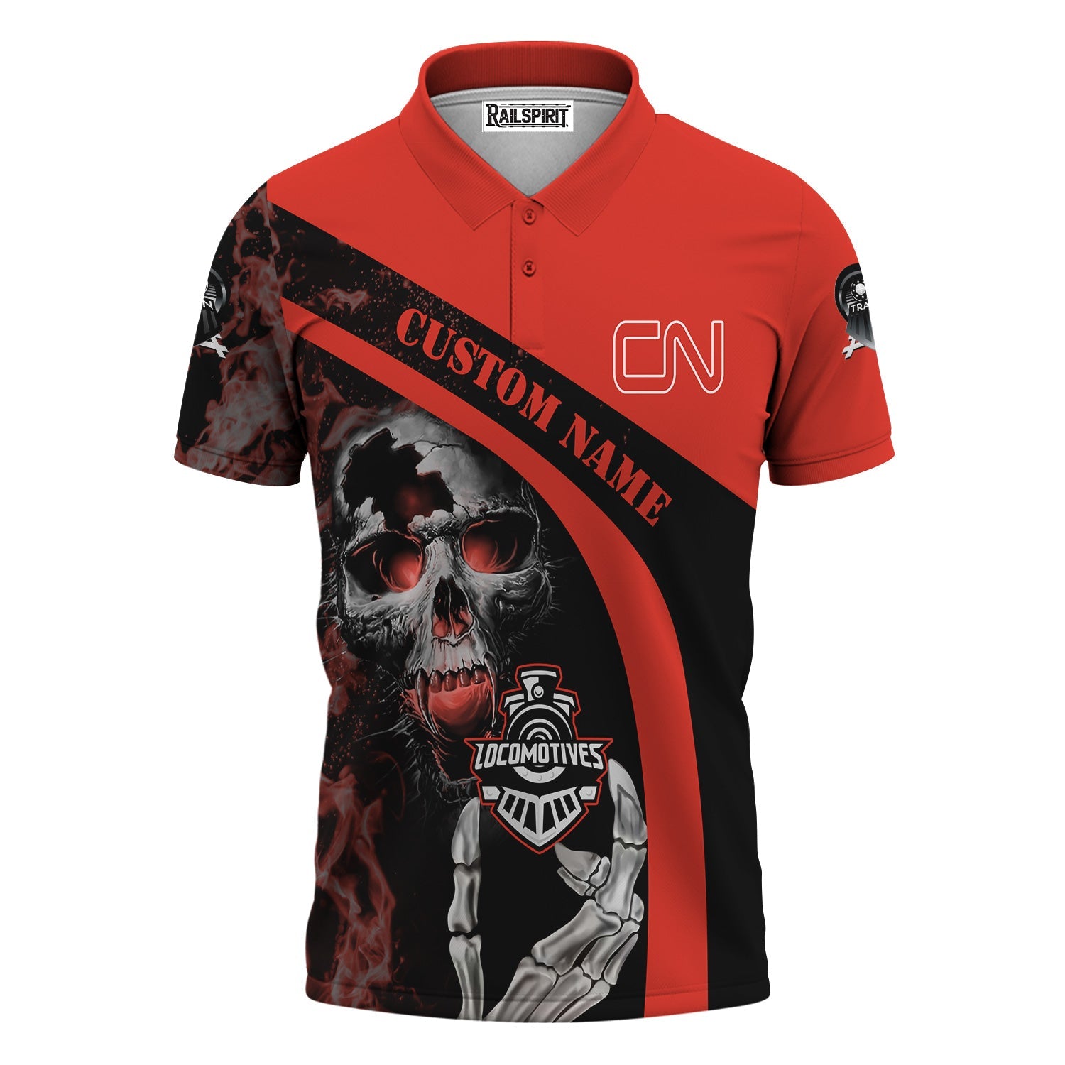 Railspirit Personalized Canadian National Railroad Polo Shirt Flame Skull Design Train Shirt for Locomotive Fans