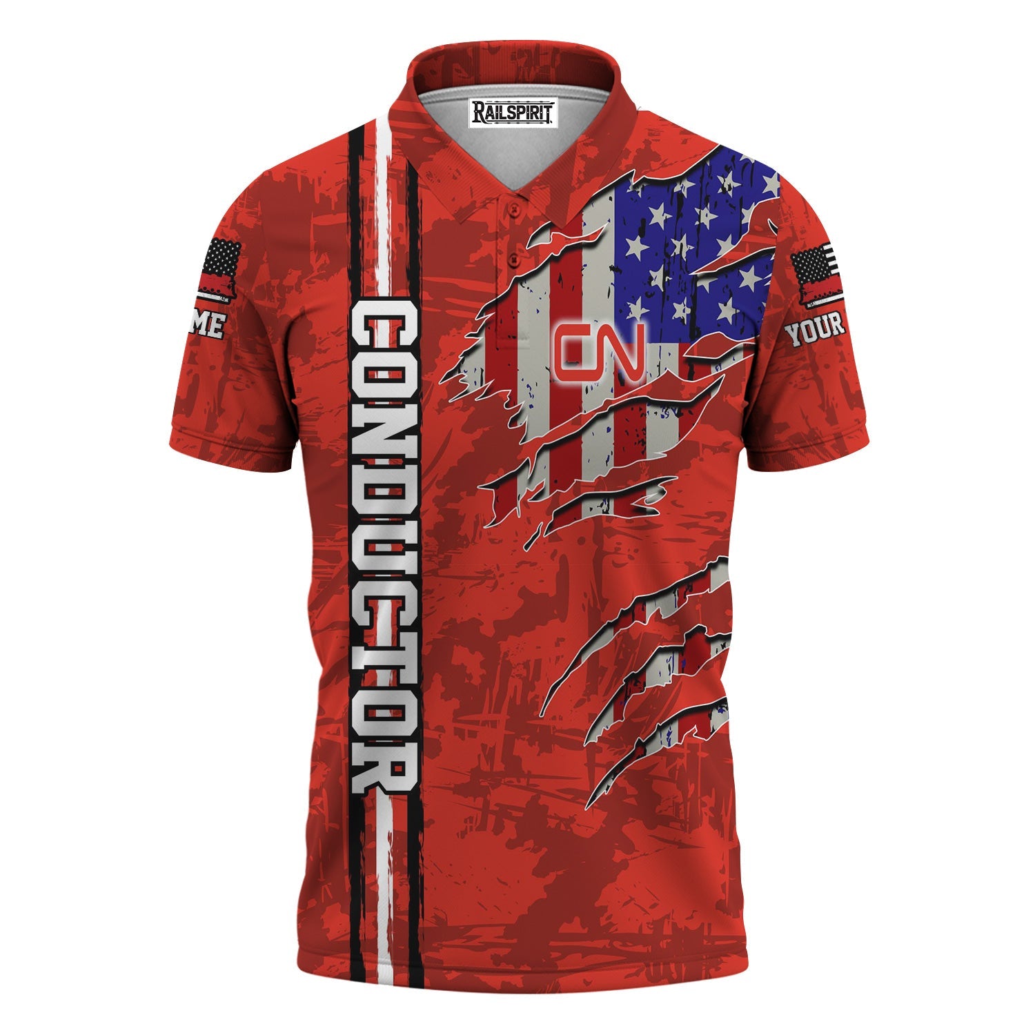 Railspirit Personalized Canadian National Railroad Polo Shirt USA Flag Claw Art with Custom Job Train Shirt
