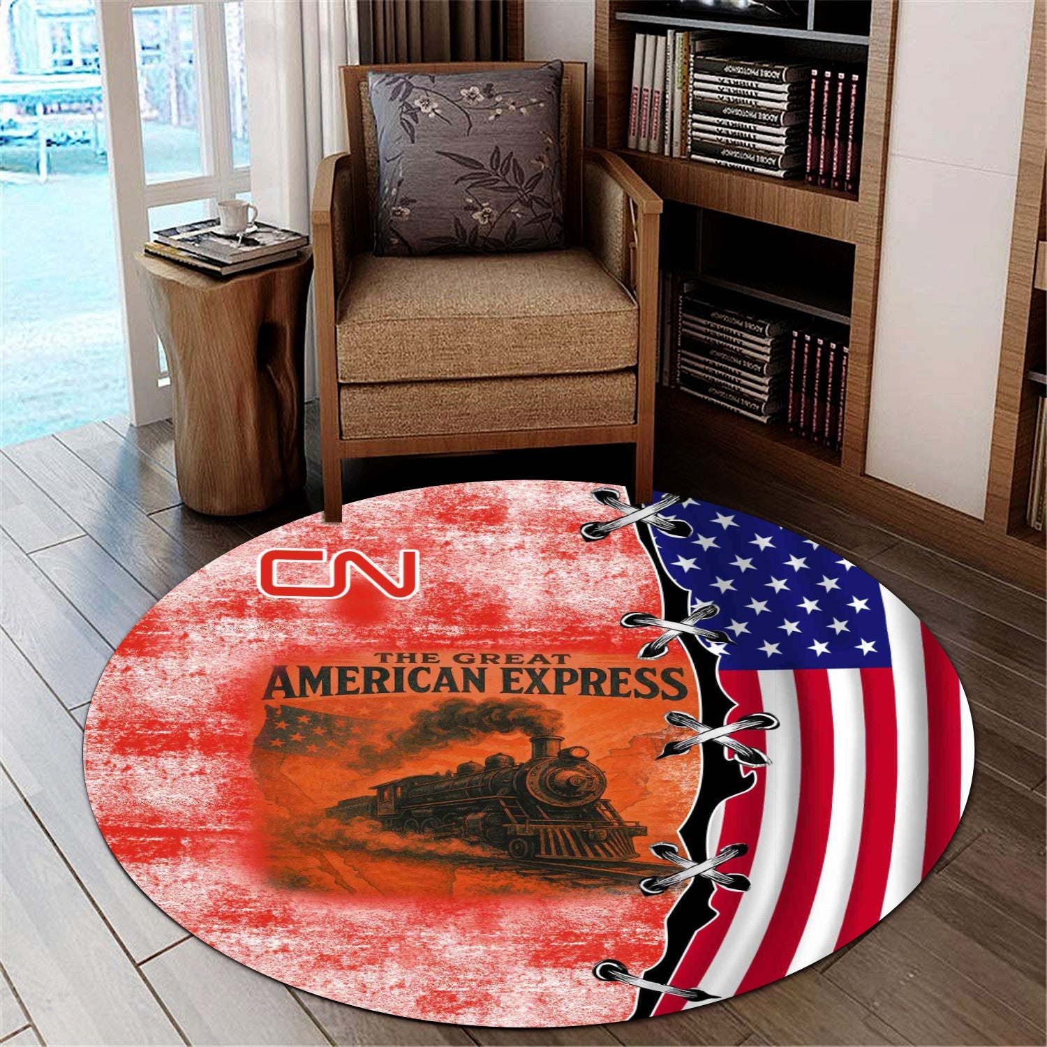 Railspirit Canadian National Railroad Round Mat Retro American Express Train With USA Flag Round Mat