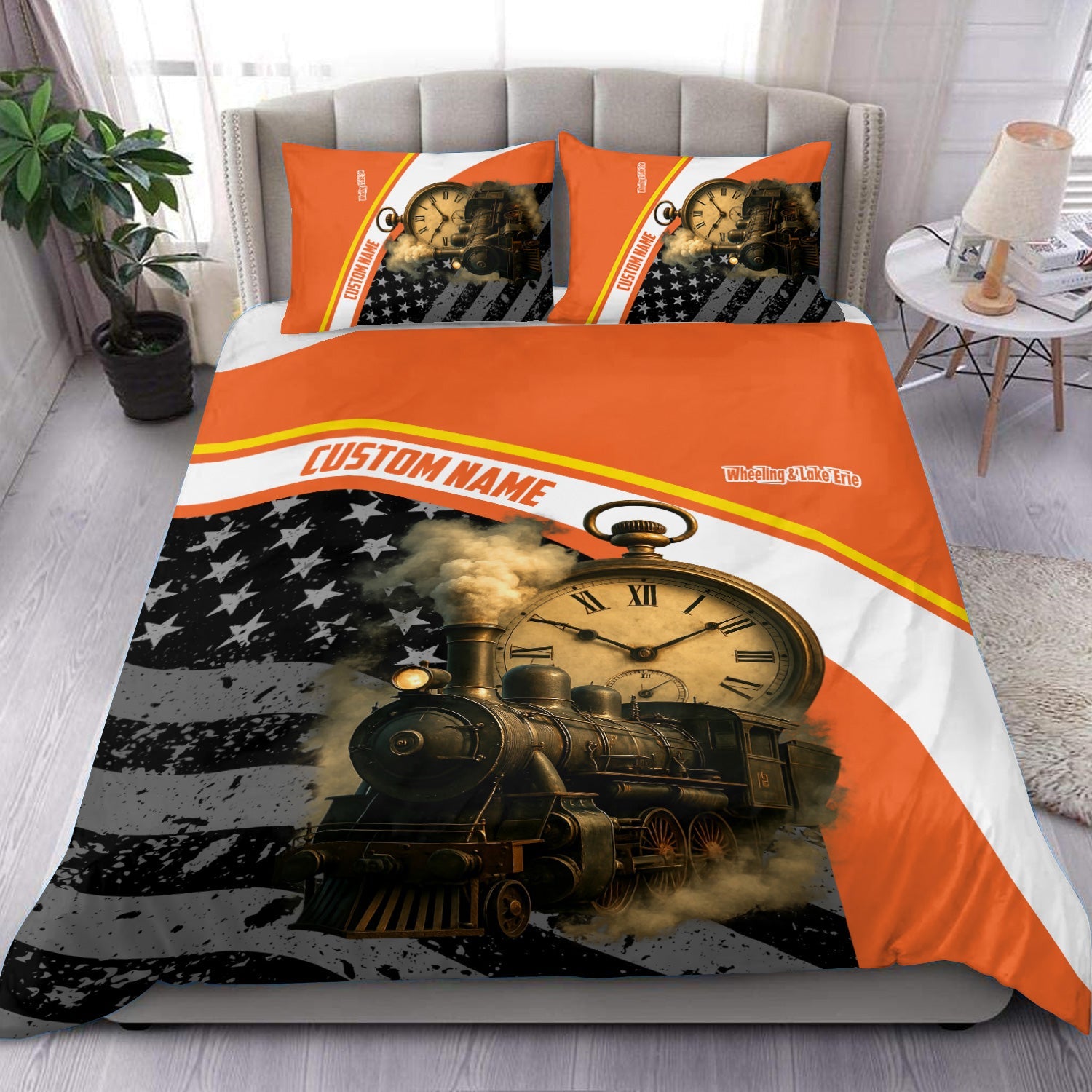 Railspirit Personalized Wheeling And Lake Erie Railroad Bedding Set Classic Steam Engine With Retro Pocket Watch Bedding Set All Over Print