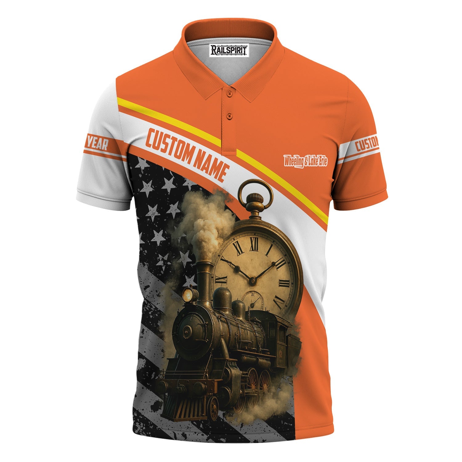 Railspirit Personalized Wheeling And Lake Erie Railroad Polo Shirt Classic Steam Engine With Retro Pocket Watch Shirt All Over Print