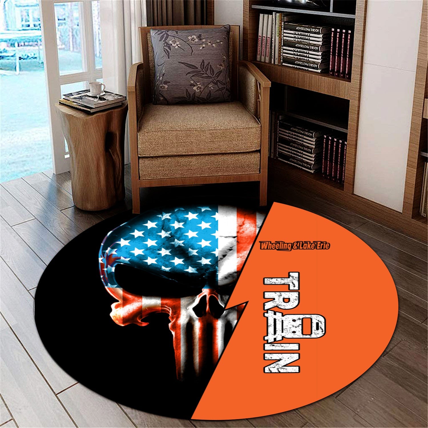 Railspirit Wheeling And Lake Erie Railroad Round Mat Train Skull American Flag Style Rug All Over Print