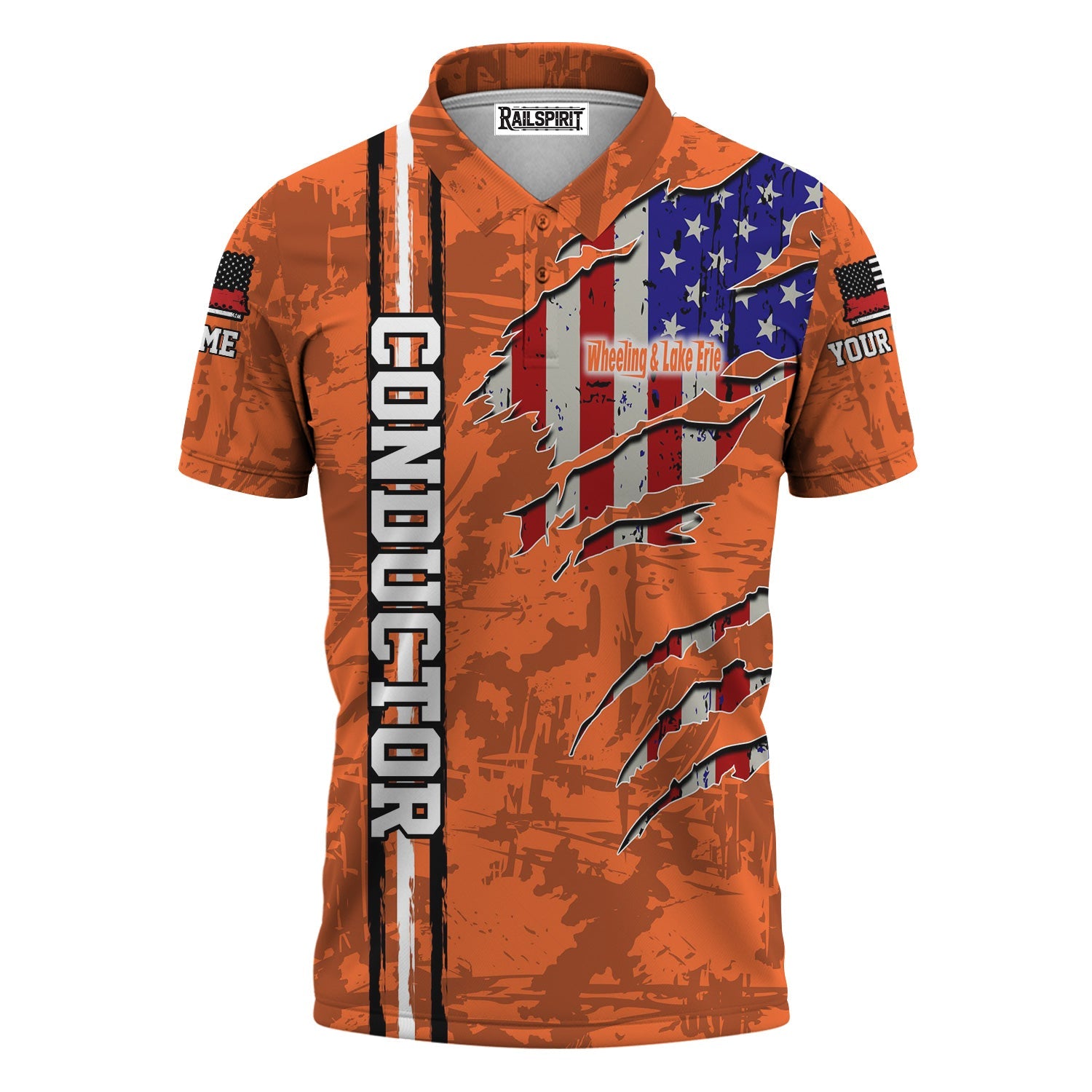 Railspirit Personalized Wheeling And Lake Erie Railroad Polo Shirt USA Flag Claw Art with Custom Job Train Shirt